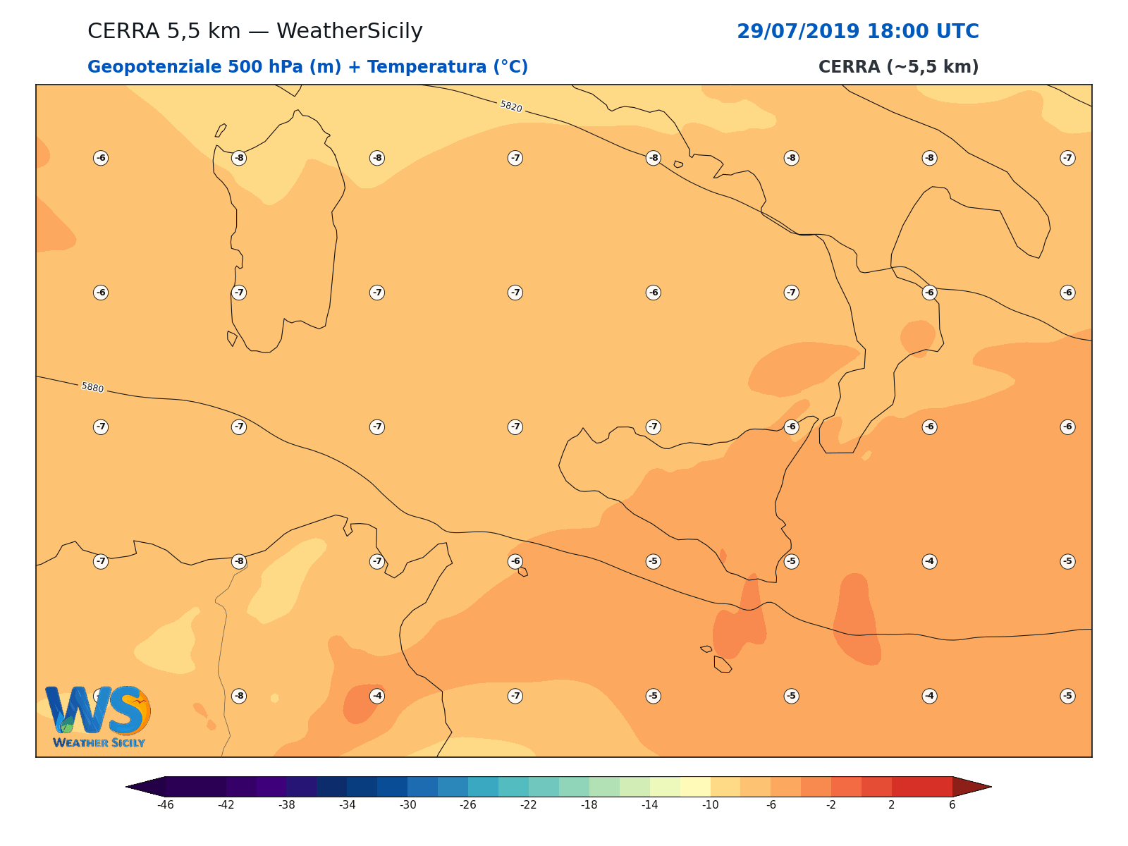 Geopotenziale 500 hPa + Temperatura · 2019072918