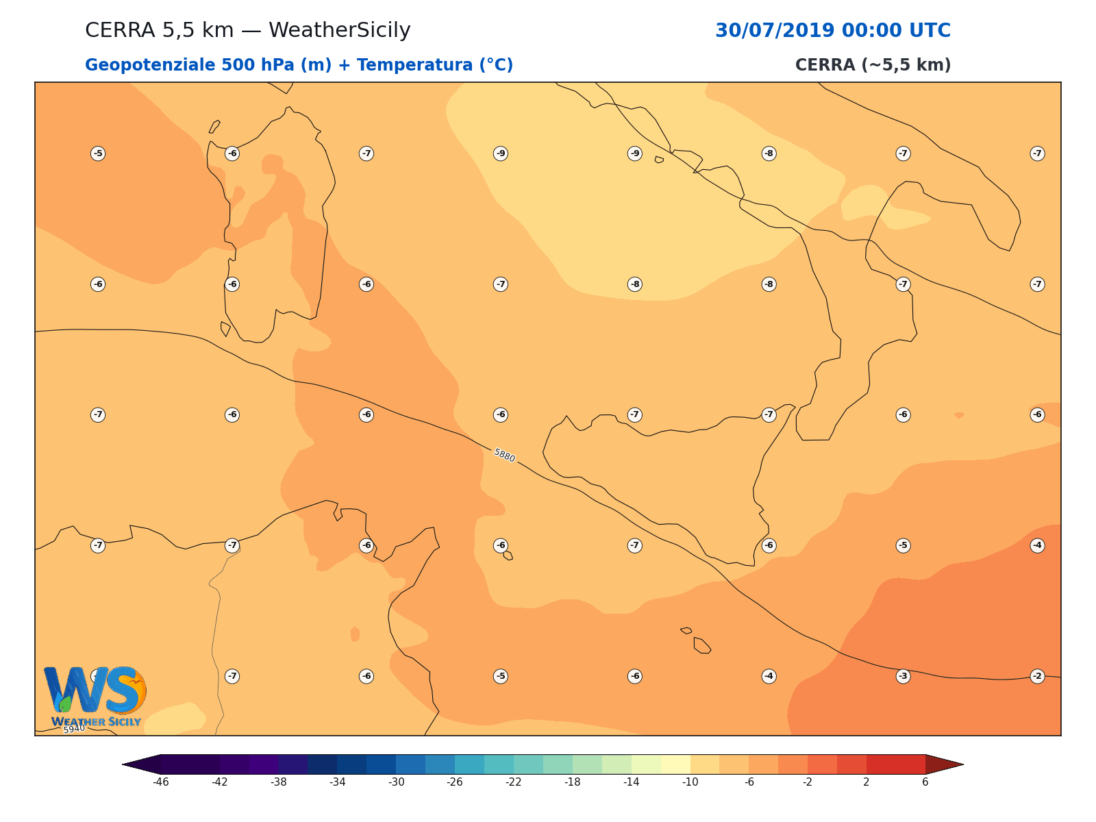 Geopotenziale 500 hPa + Temperatura · 2019073000