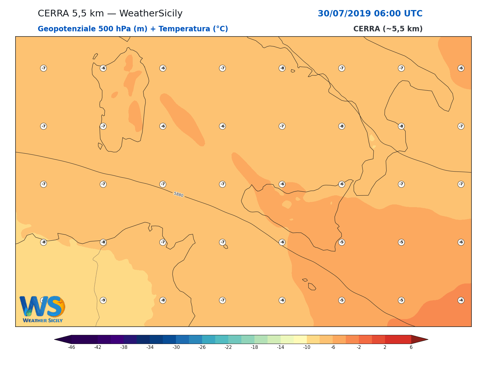 Geopotenziale 500 hPa + Temperatura · 2019073006
