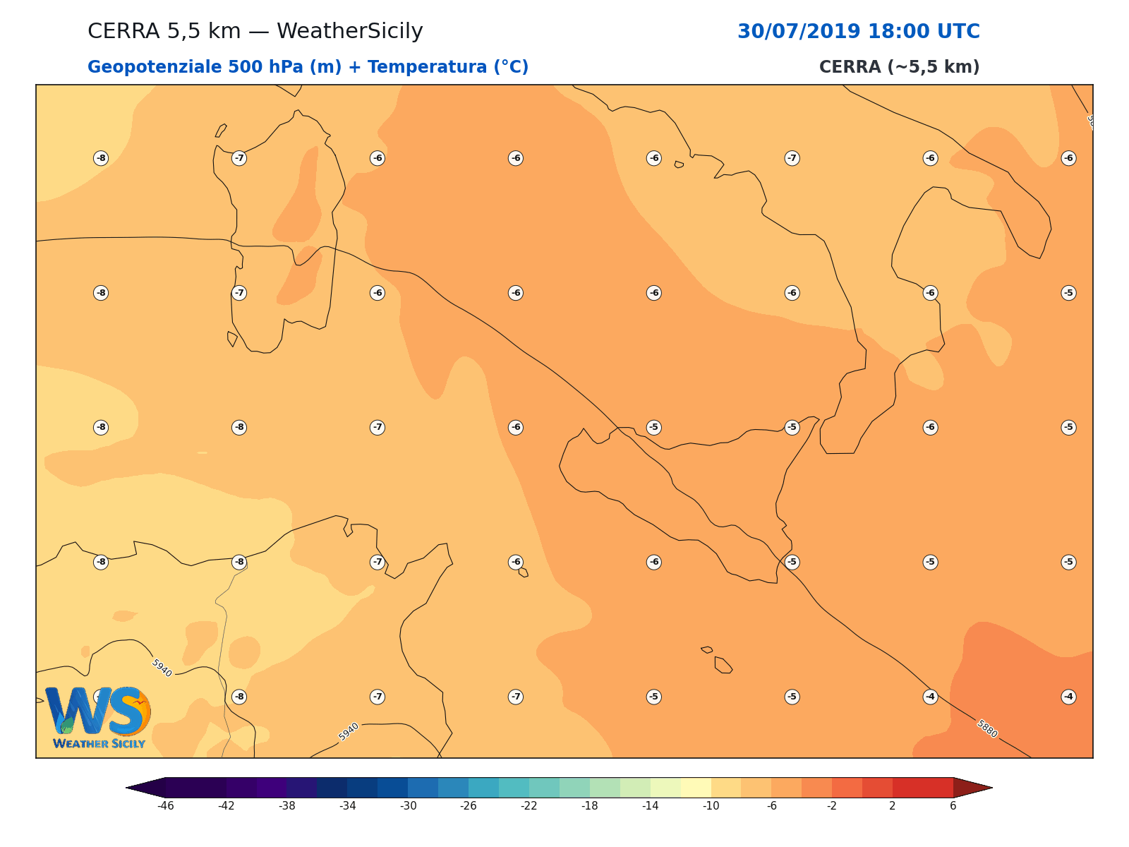 Geopotenziale 500 hPa + Temperatura · 2019073018