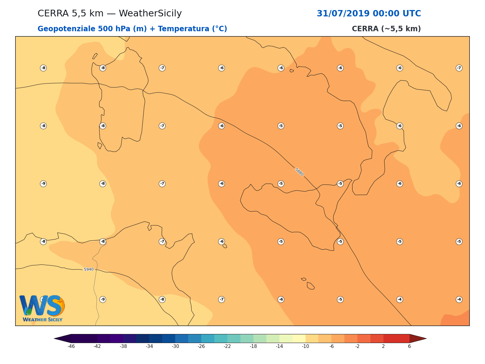 Geopotenziale 500 hPa + Temperatura · 2019073100