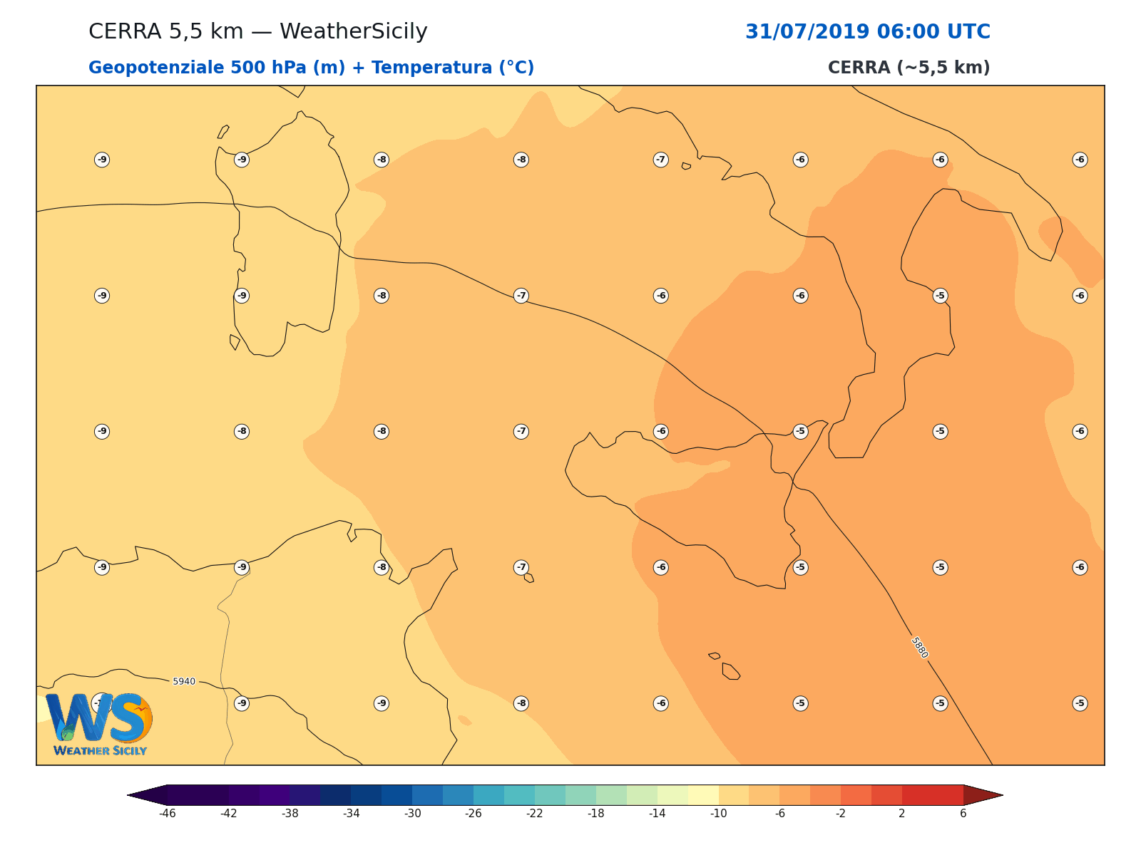 Geopotenziale 500 hPa + Temperatura · 2019073106