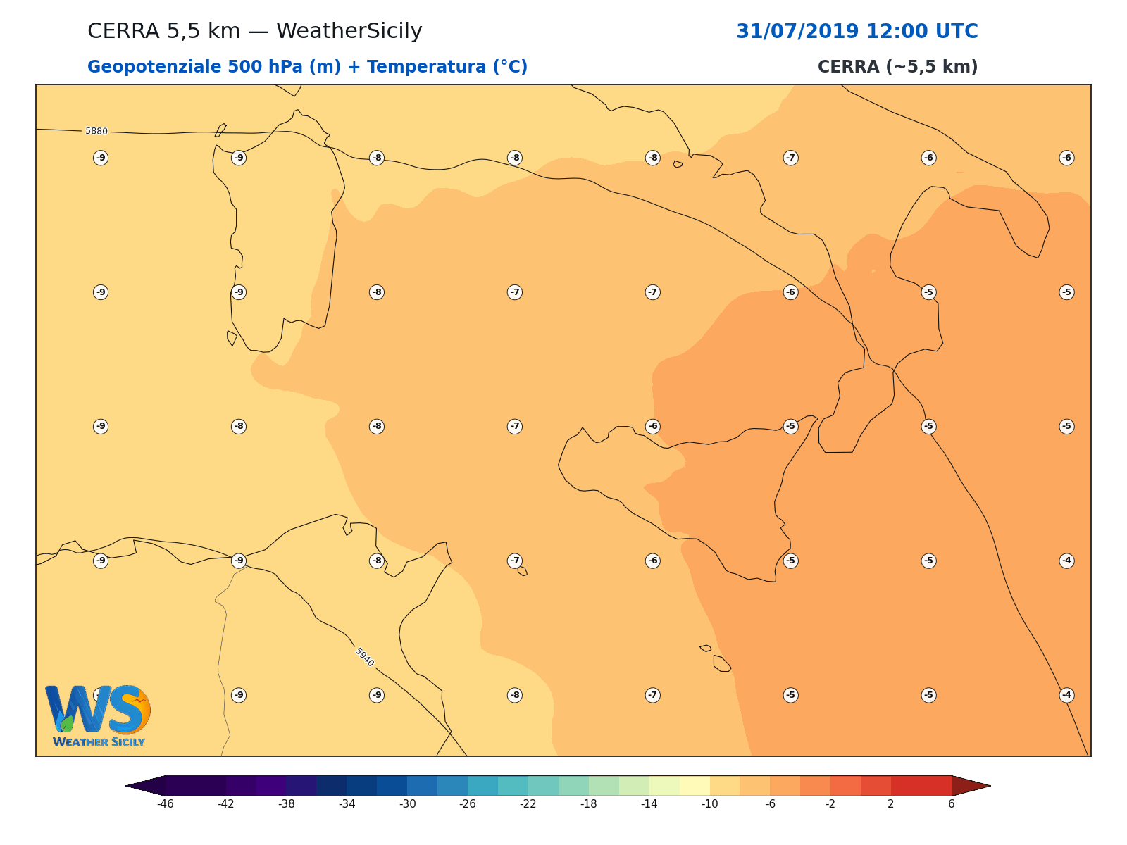Geopotenziale 500 hPa + Temperatura · 2019073112