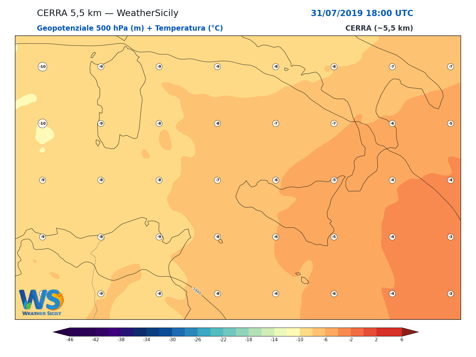 Geopotenziale 500 hPa + Temperatura · 2019073118