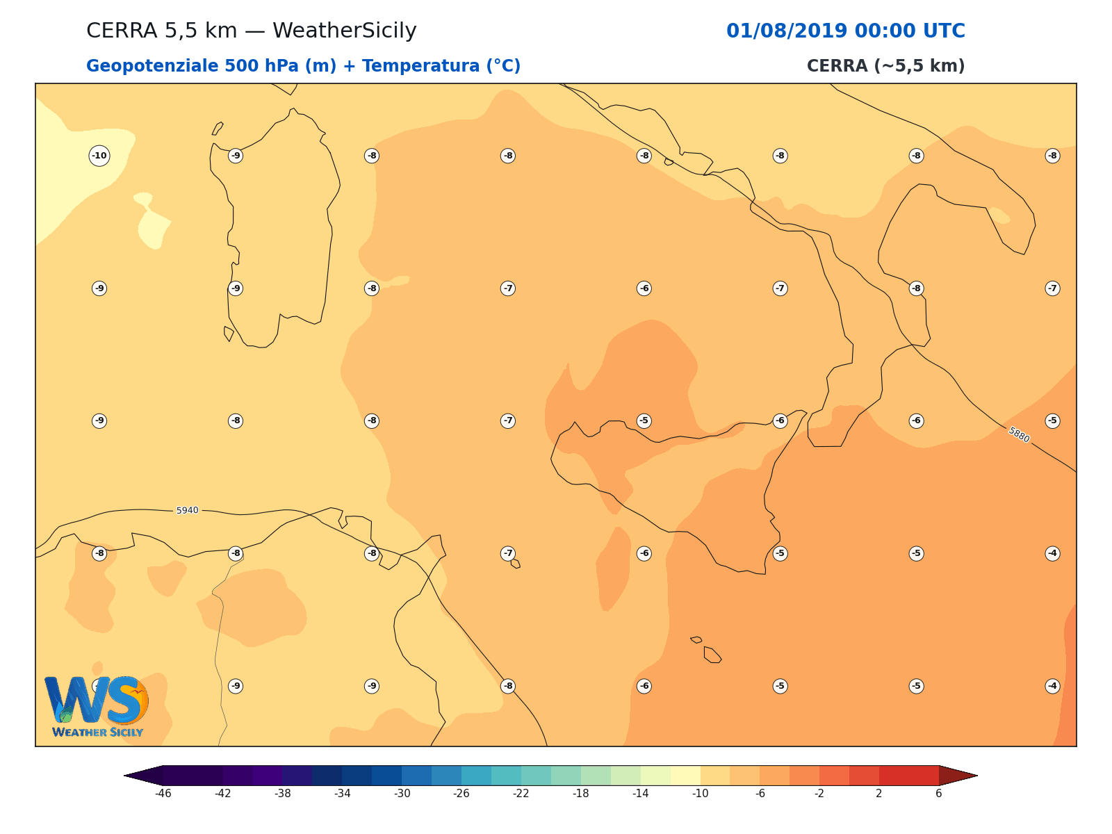 Geopotenziale 500 hPa + Temperatura · 2019080100