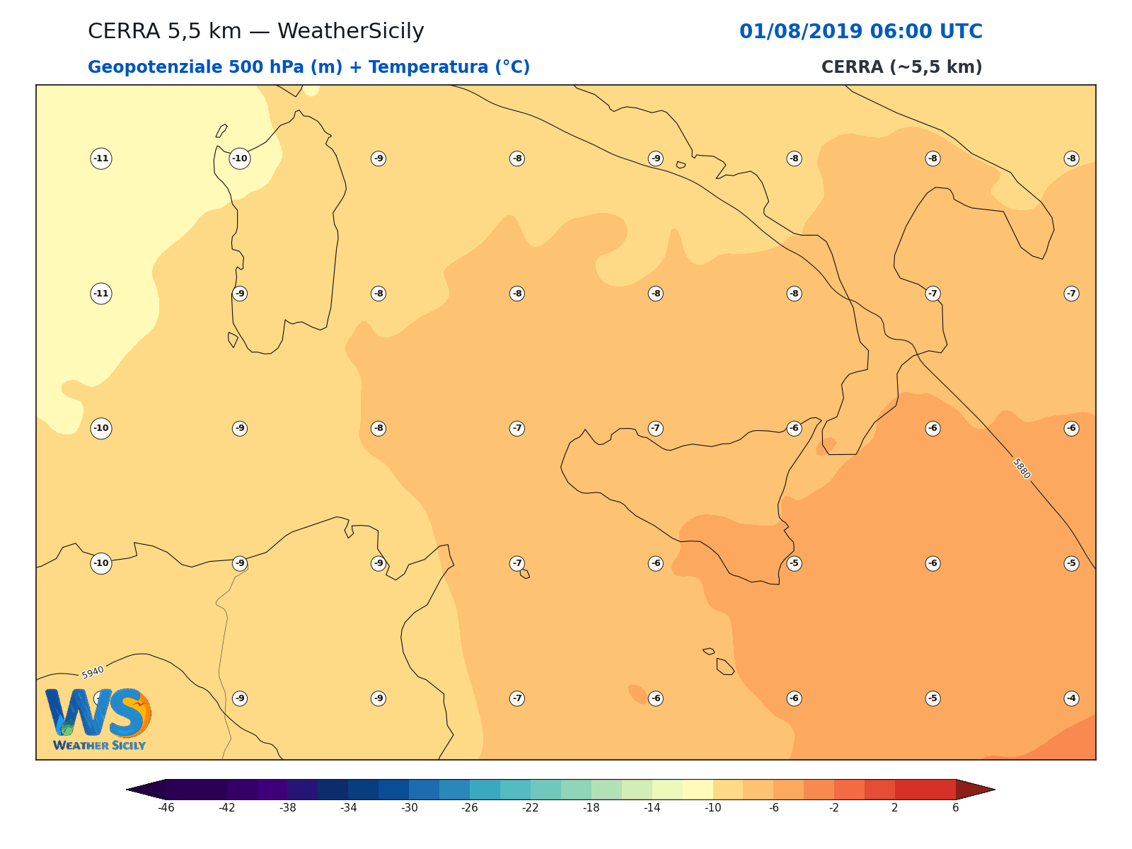 Geopotenziale 500 hPa + Temperatura · 2019080106