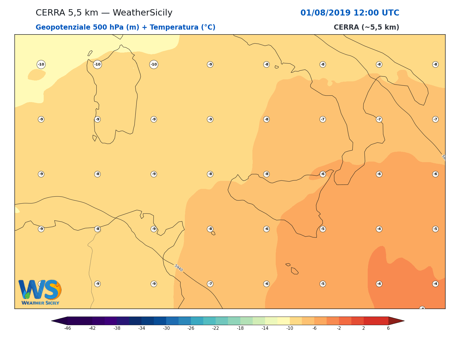 Geopotenziale 500 hPa + Temperatura · 2019080112