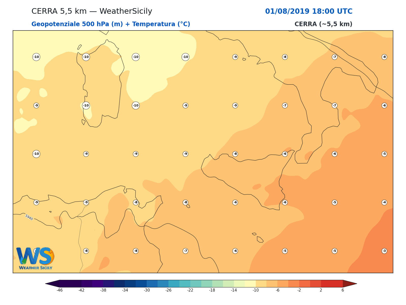 Geopotenziale 500 hPa + Temperatura · 2019080118