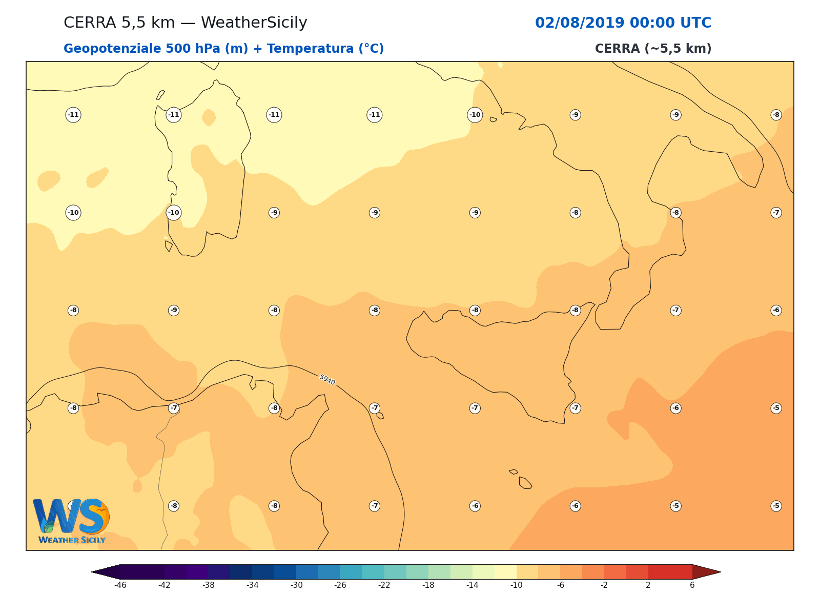 Geopotenziale 500 hPa + Temperatura · 2019080200