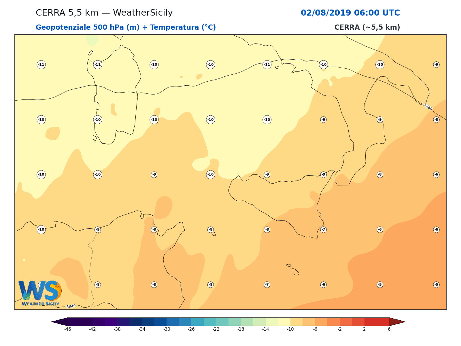 Geopotenziale 500 hPa + Temperatura · 2019080206