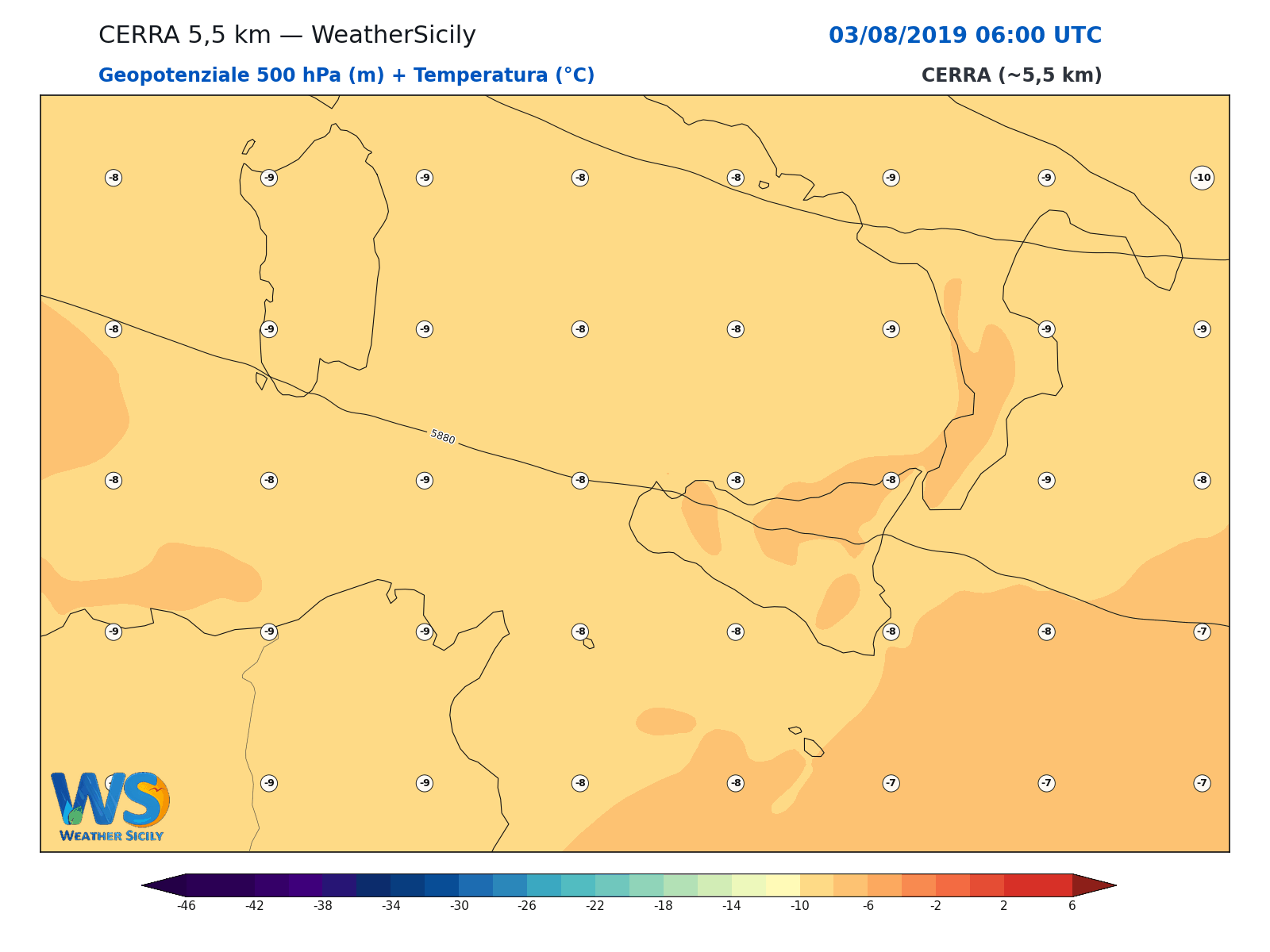 Geopotenziale 500 hPa + Temperatura · 2019080306