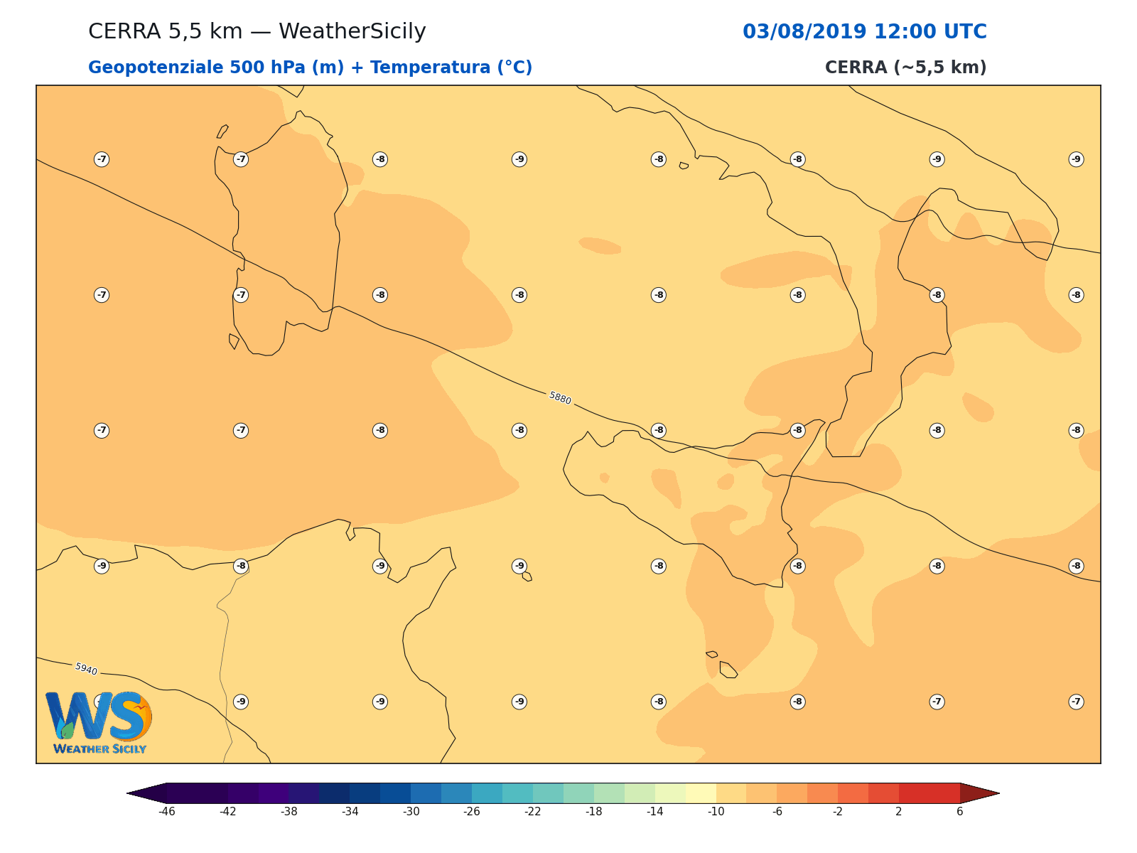 Geopotenziale 500 hPa + Temperatura · 2019080312