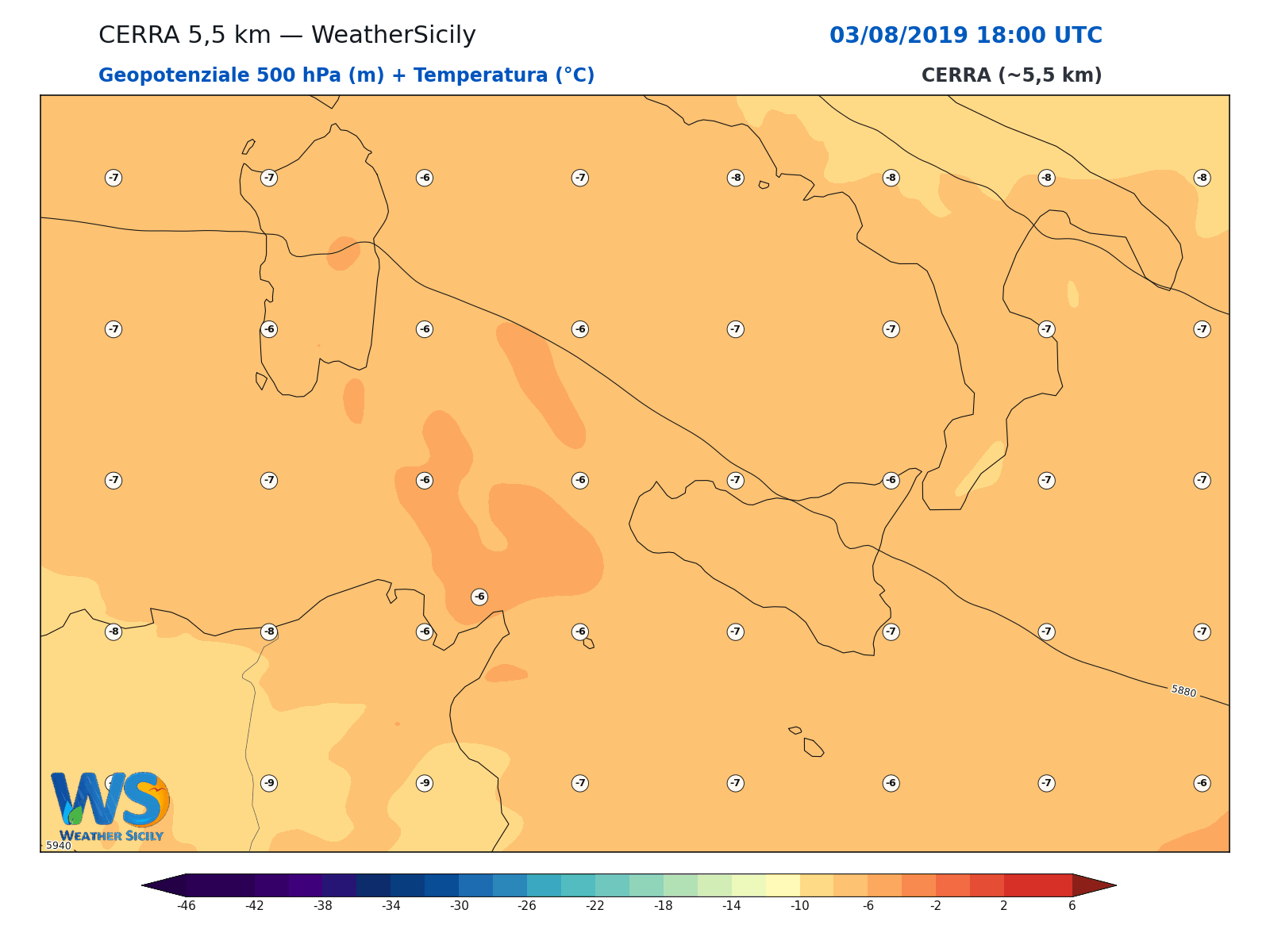 Geopotenziale 500 hPa + Temperatura · 2019080318