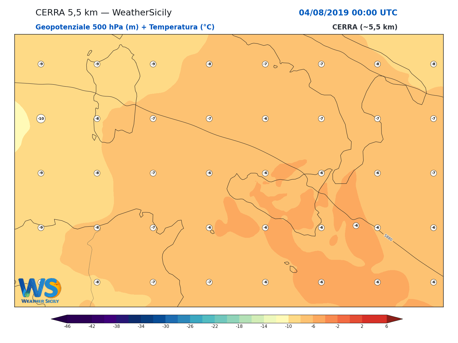 Geopotenziale 500 hPa + Temperatura · 2019080400