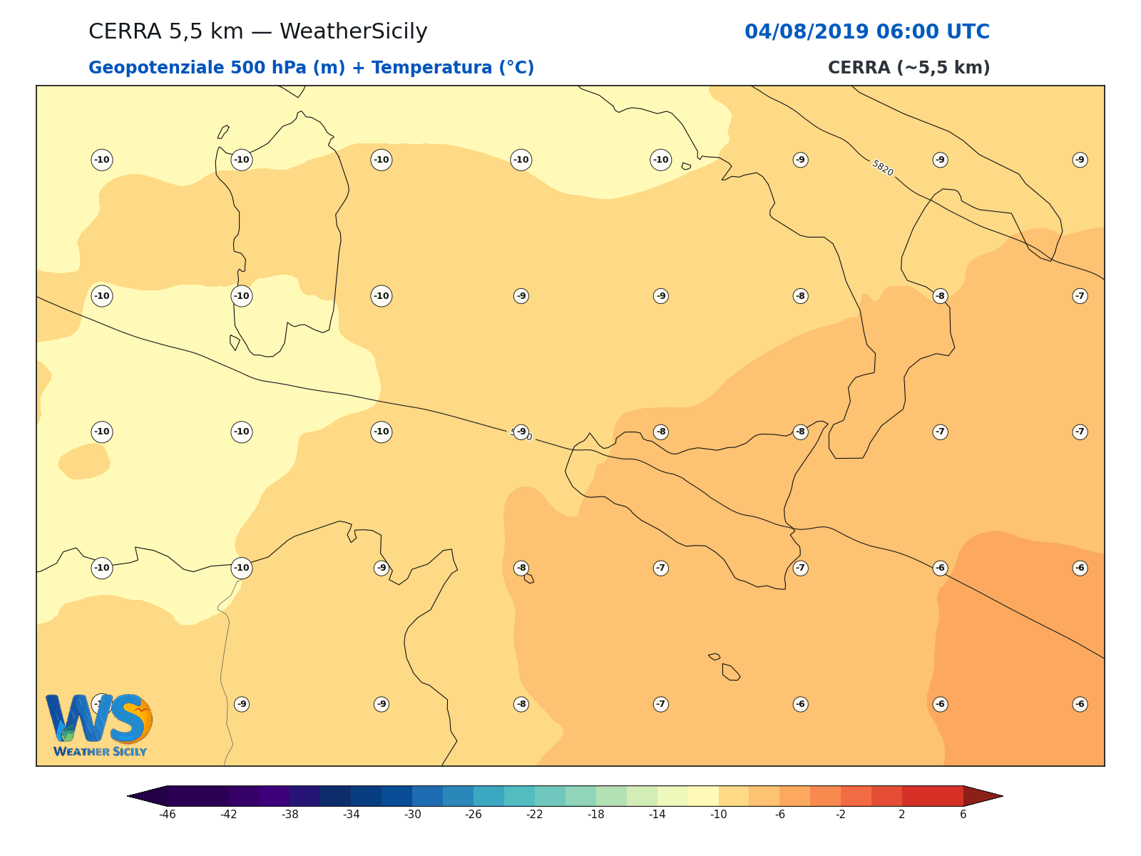 Geopotenziale 500 hPa + Temperatura · 2019080406