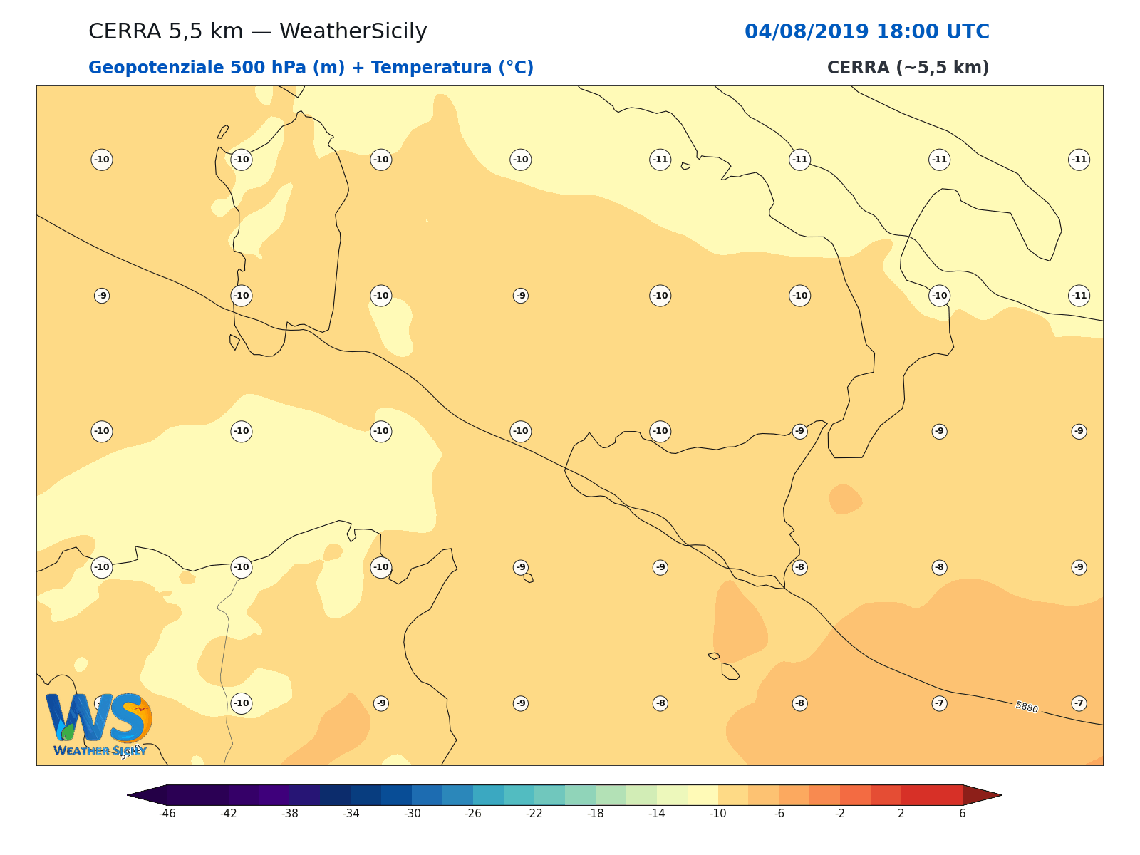 Geopotenziale 500 hPa + Temperatura · 2019080418