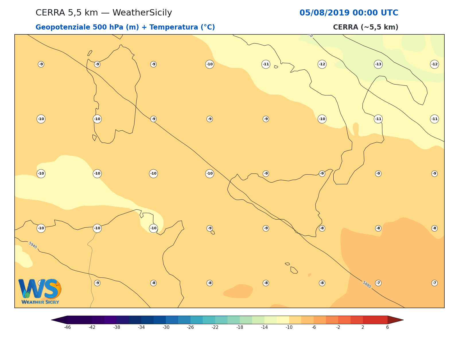 Geopotenziale 500 hPa + Temperatura · 2019080500