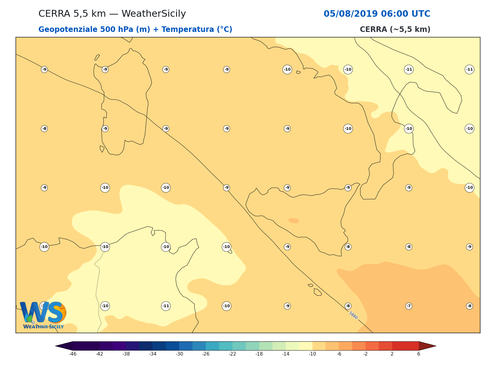 Geopotenziale 500 hPa + Temperatura · 2019080506