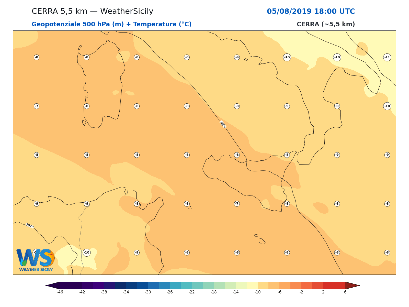 Geopotenziale 500 hPa + Temperatura · 2019080518