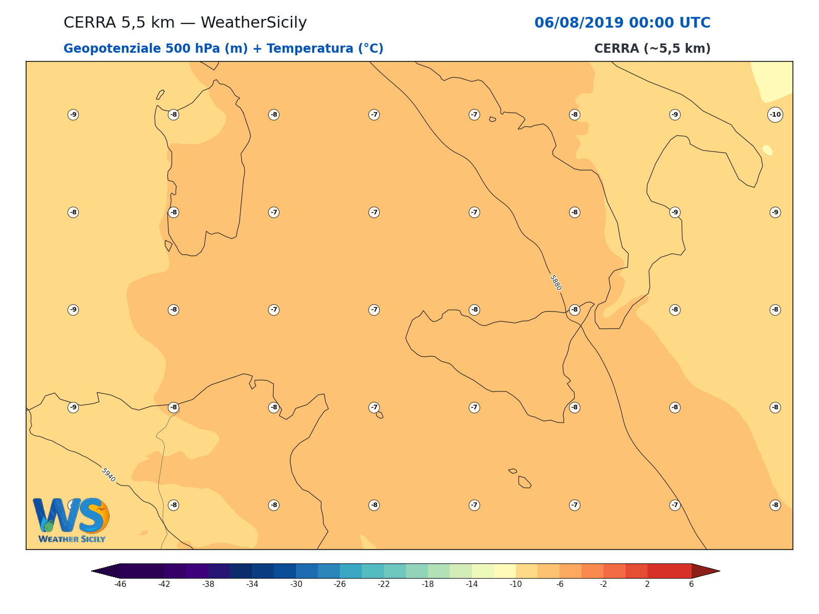 Geopotenziale 500 hPa + Temperatura · 2019080600