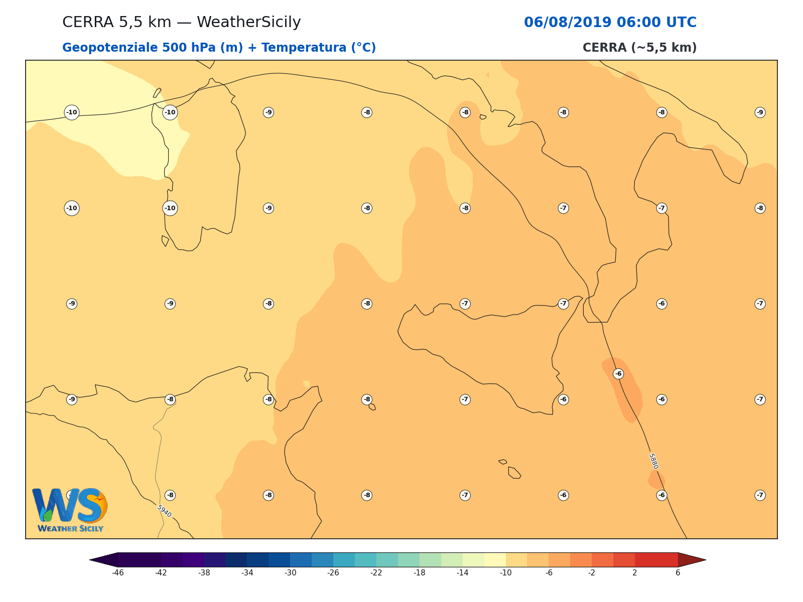 Geopotenziale 500 hPa + Temperatura · 2019080606