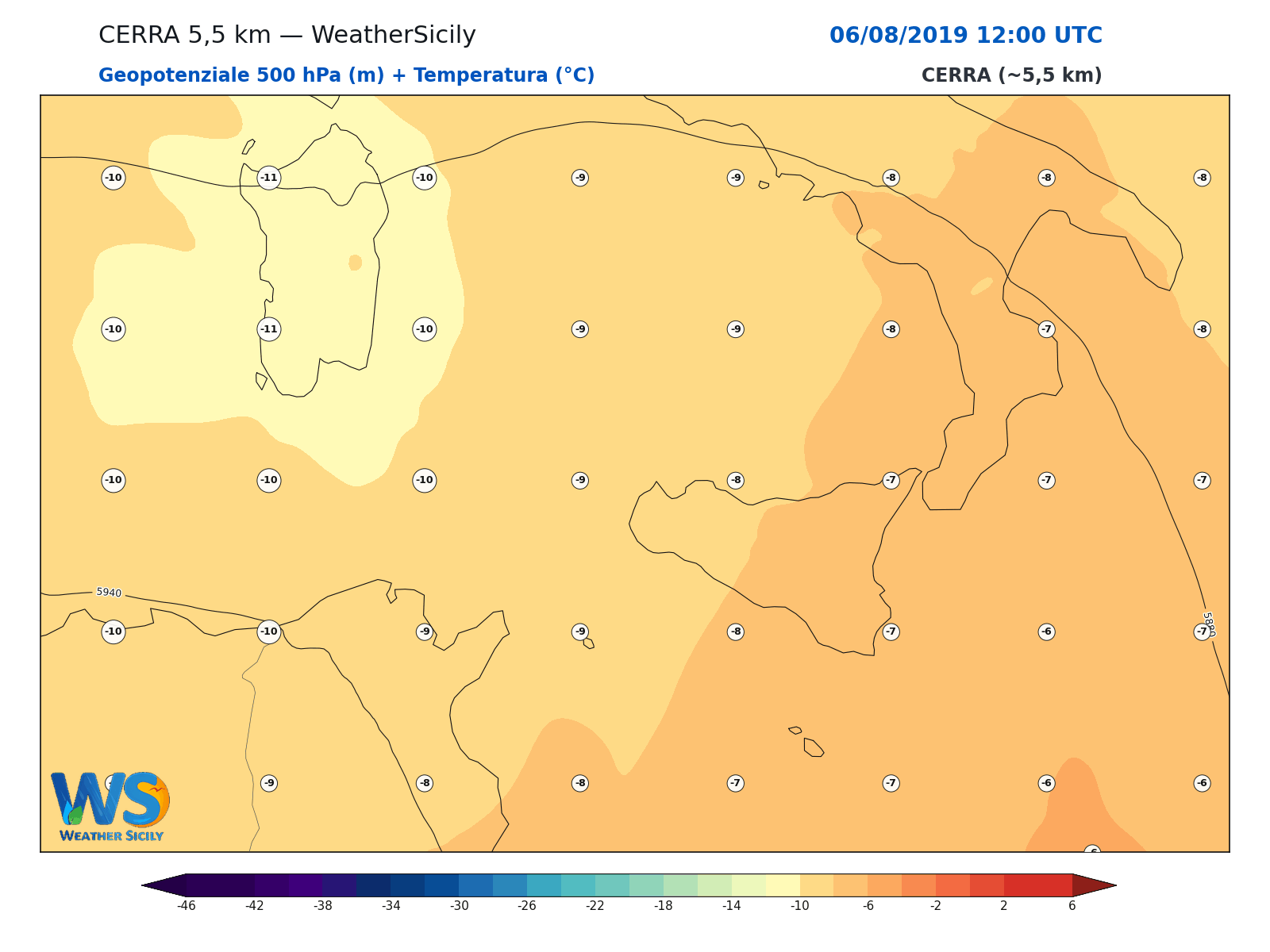 Geopotenziale 500 hPa + Temperatura · 2019080612