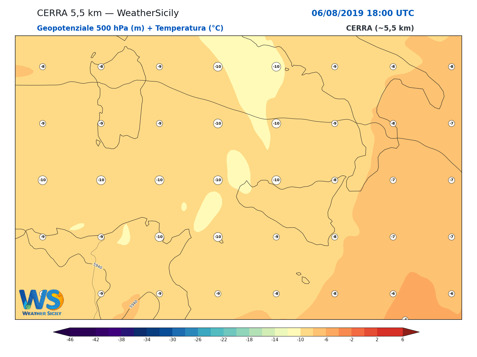 Geopotenziale 500 hPa + Temperatura · 2019080618