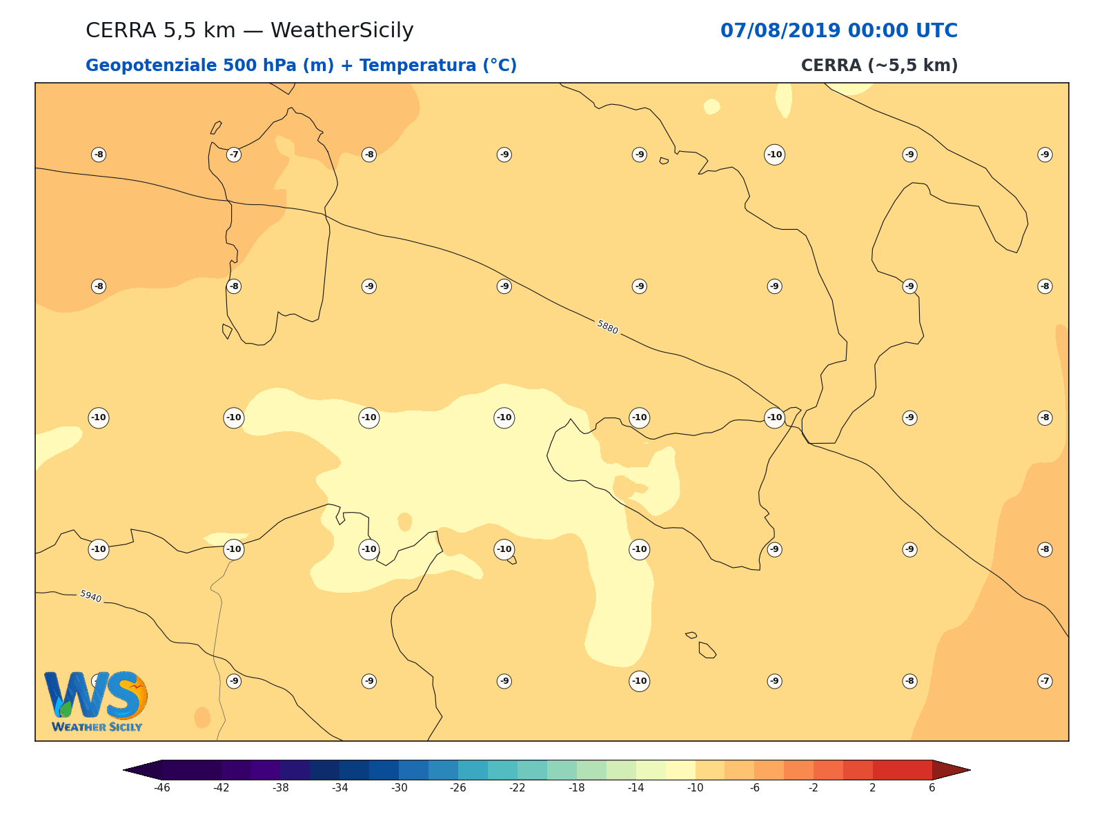 Geopotenziale 500 hPa + Temperatura · 2019080700