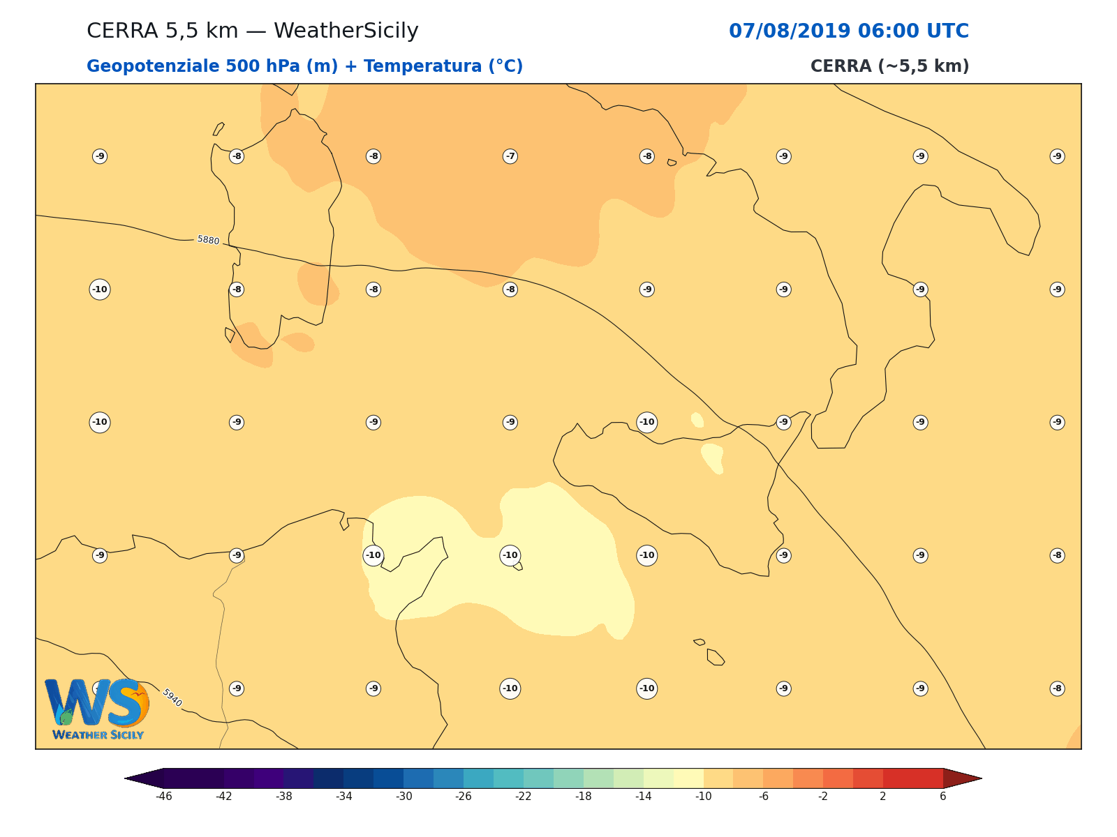 Geopotenziale 500 hPa + Temperatura · 2019080706