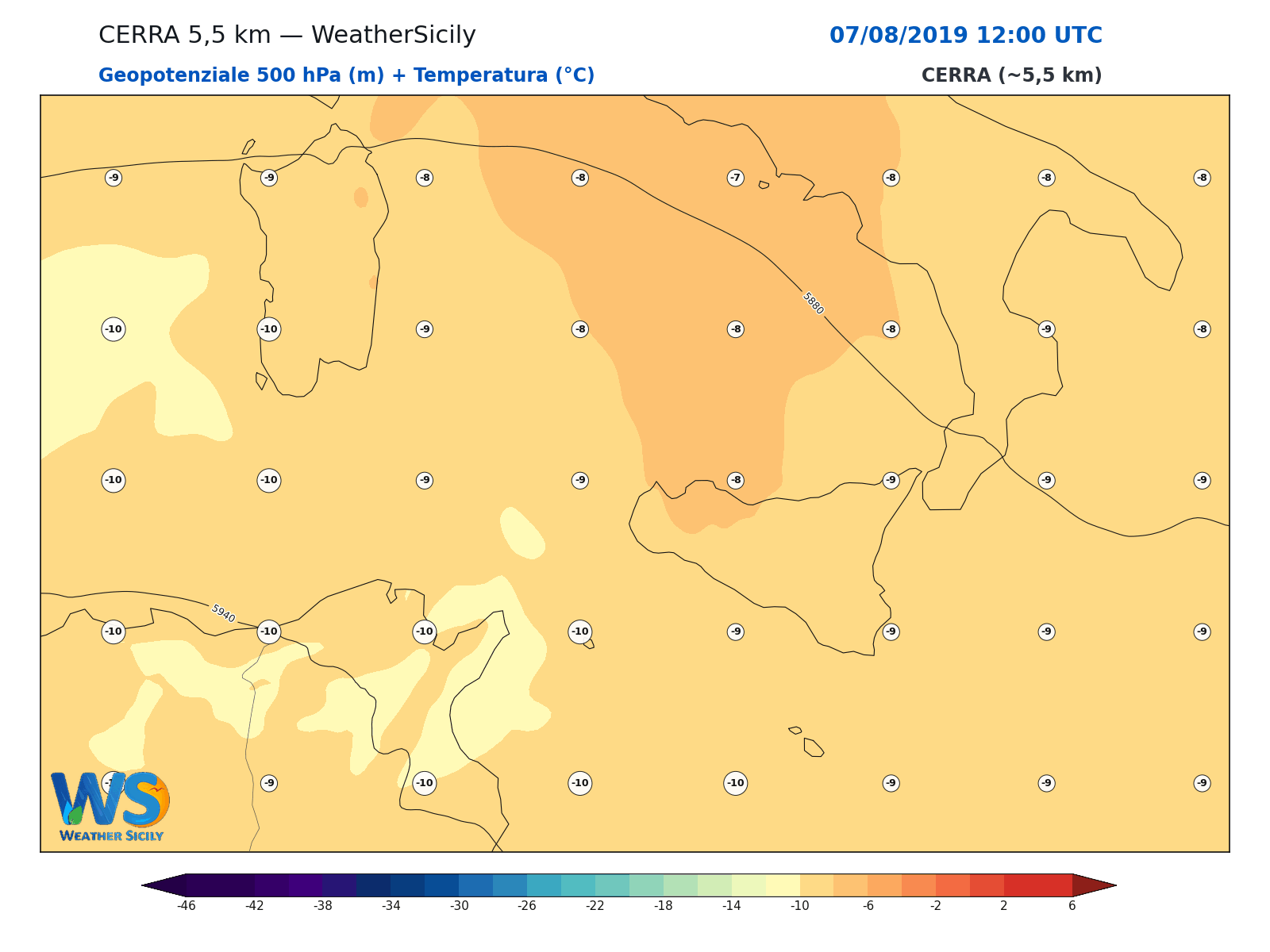 Geopotenziale 500 hPa + Temperatura · 2019080712