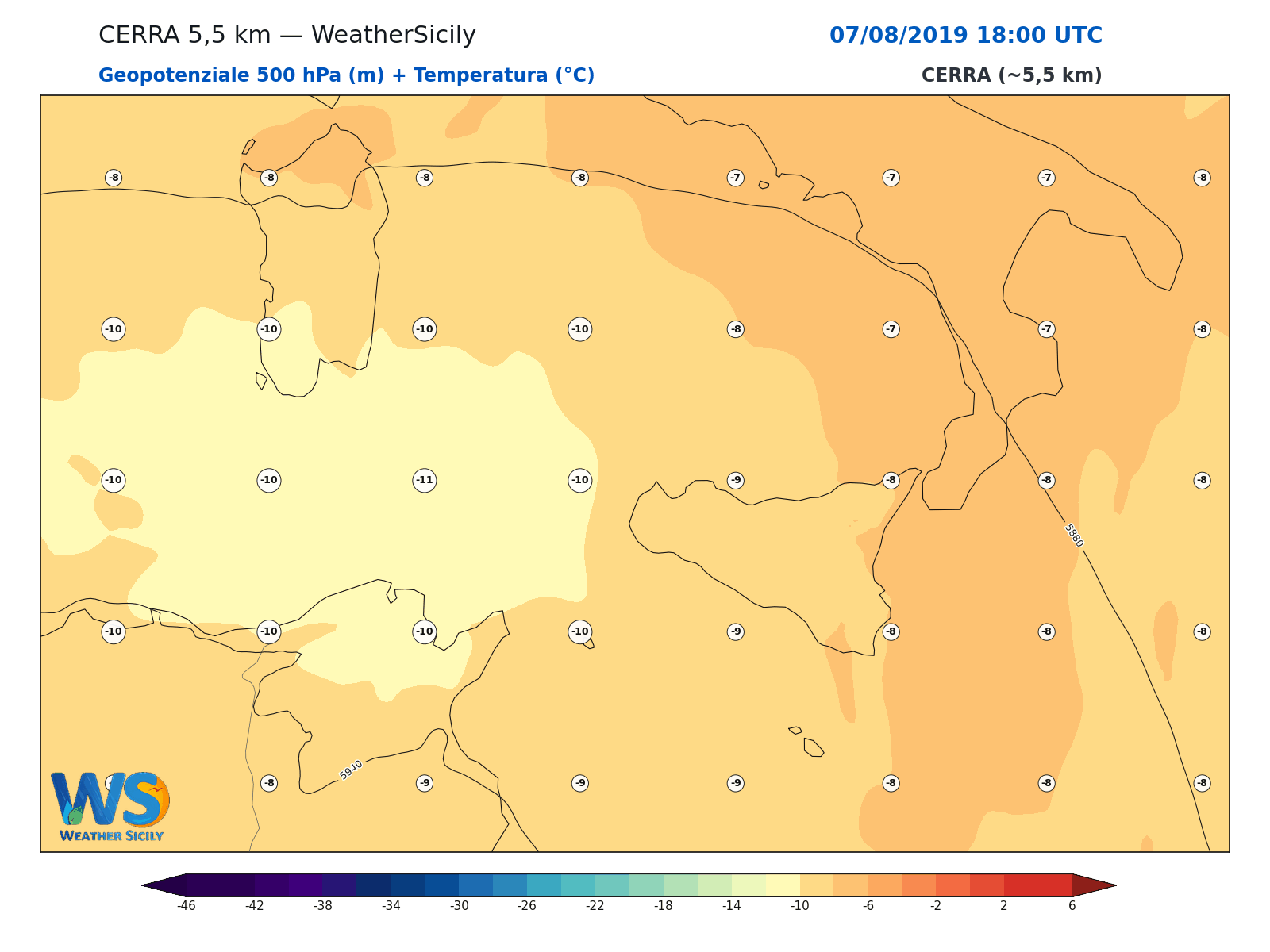 Geopotenziale 500 hPa + Temperatura · 2019080718