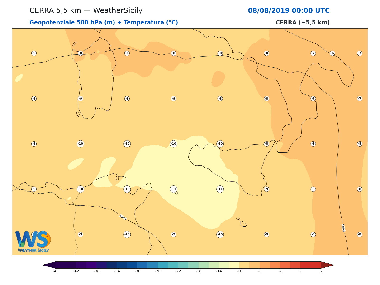 Geopotenziale 500 hPa + Temperatura · 2019080800