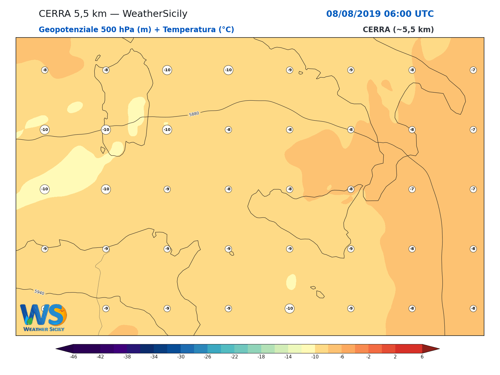 Geopotenziale 500 hPa + Temperatura · 2019080806