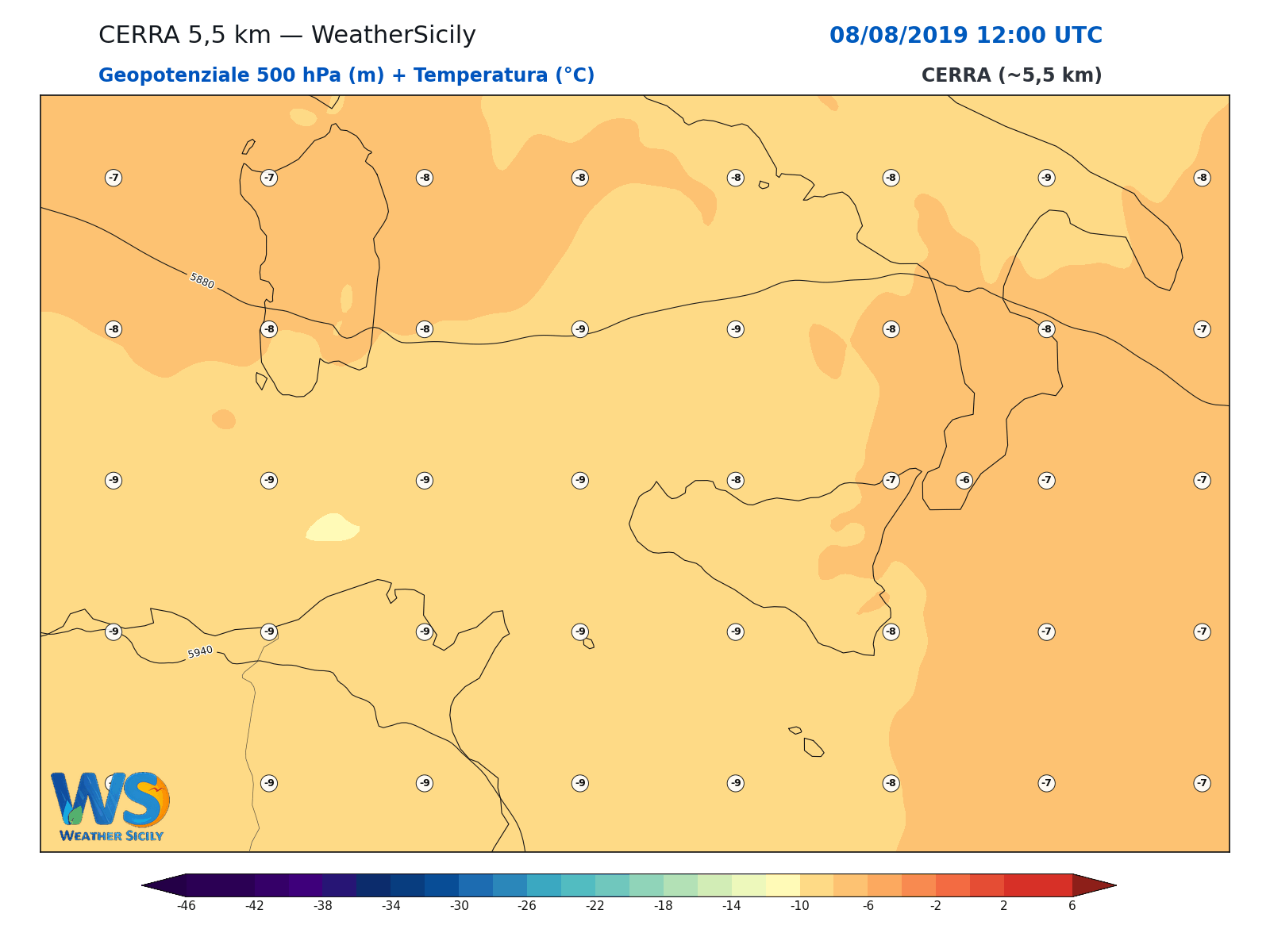 Geopotenziale 500 hPa + Temperatura · 2019080812