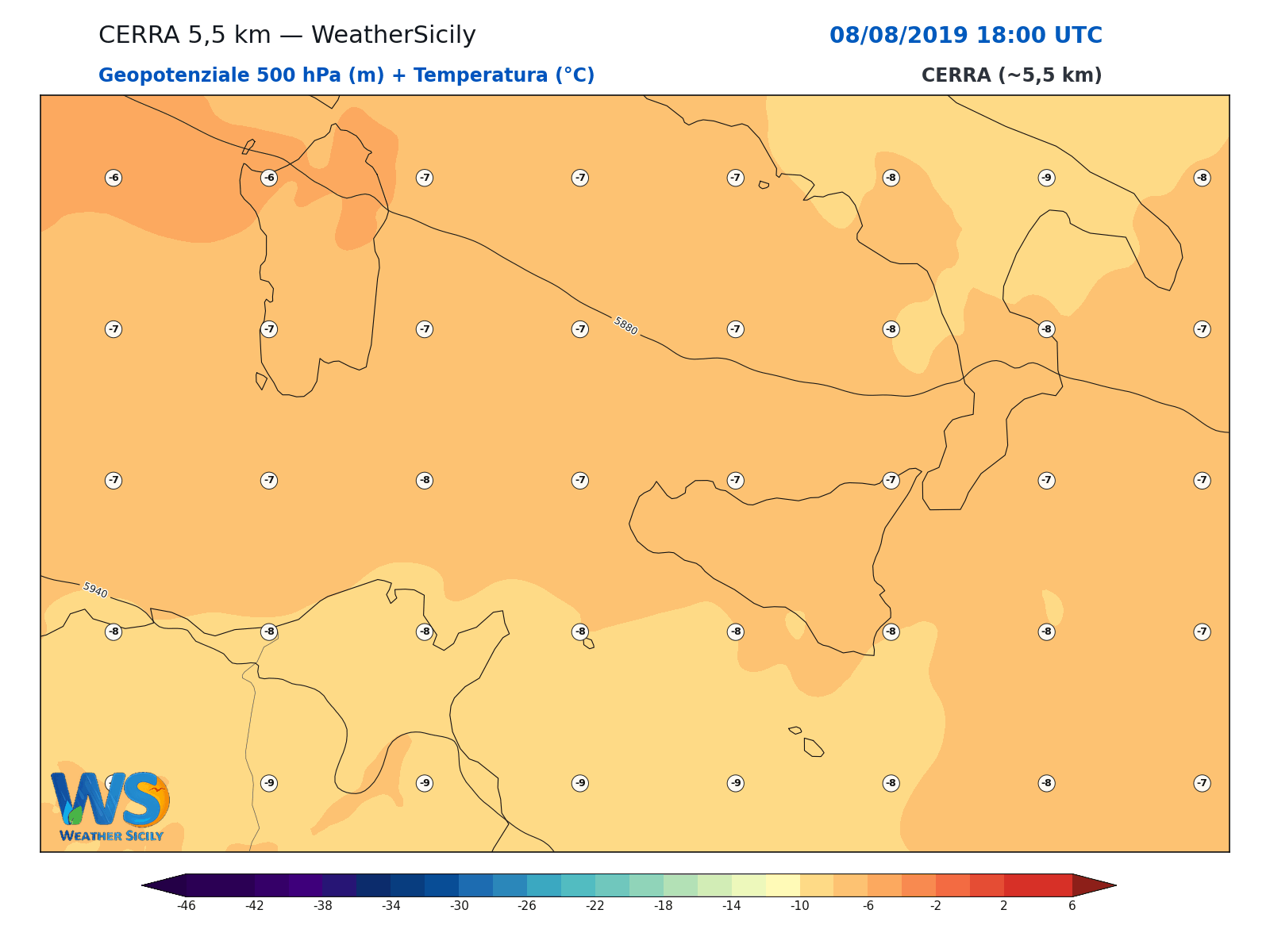 Geopotenziale 500 hPa + Temperatura · 2019080818