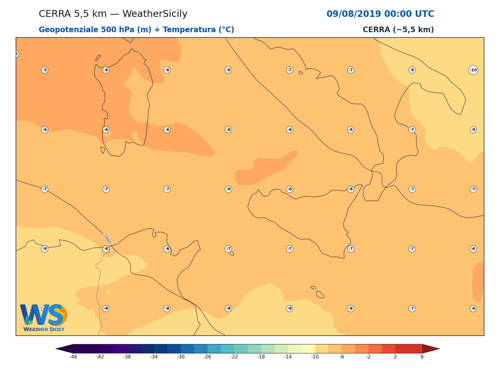 Geopotenziale 500 hPa + Temperatura · 2019080900
