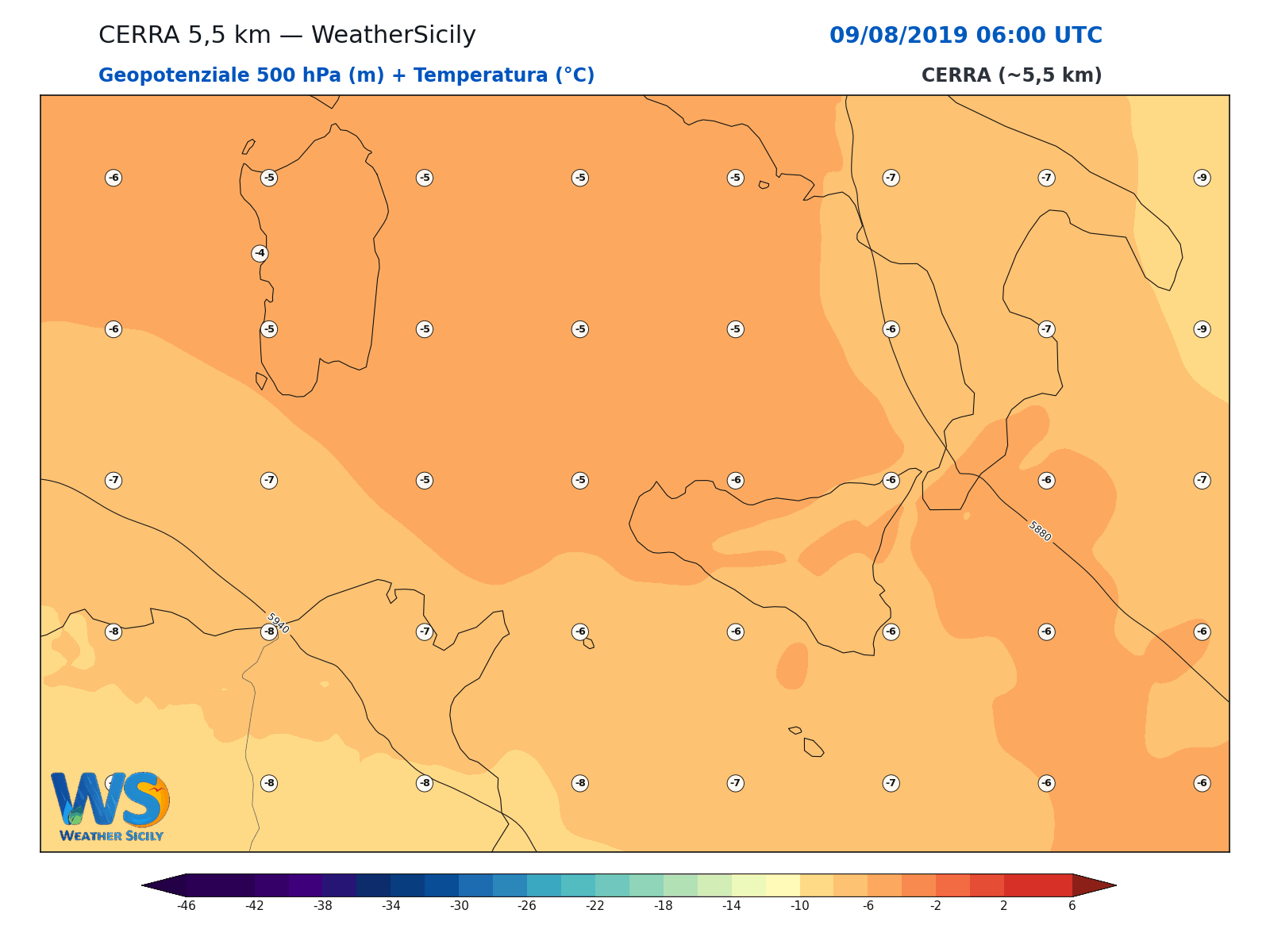 Geopotenziale 500 hPa + Temperatura · 2019080906
