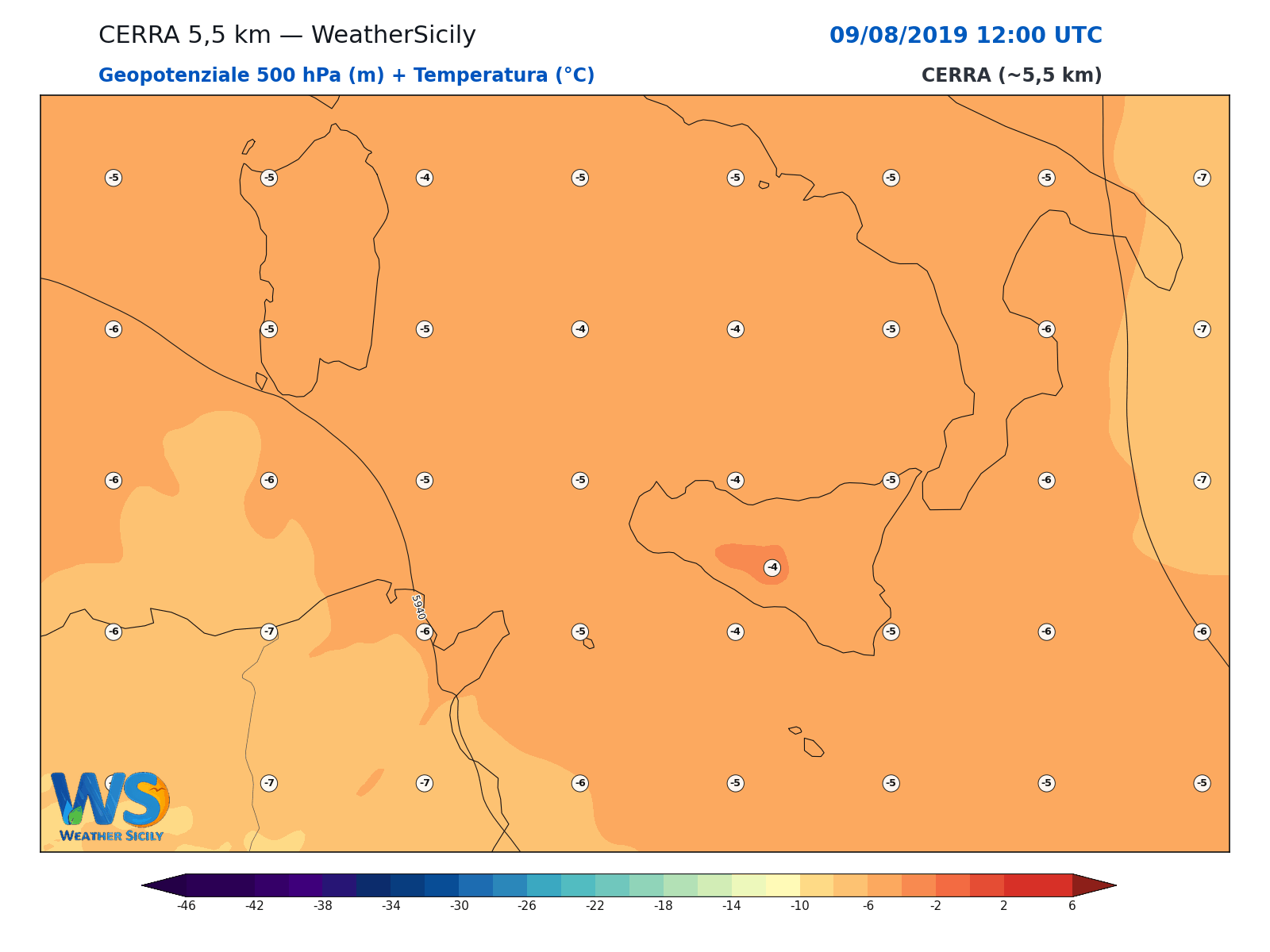 Geopotenziale 500 hPa + Temperatura · 2019080912