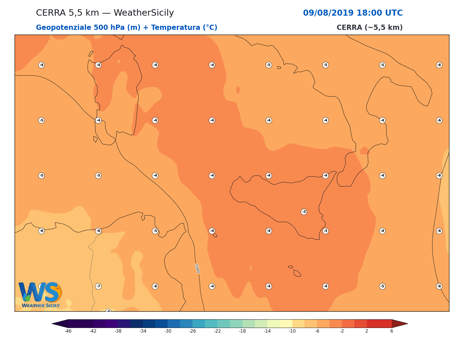 Geopotenziale 500 hPa + Temperatura · 2019080918