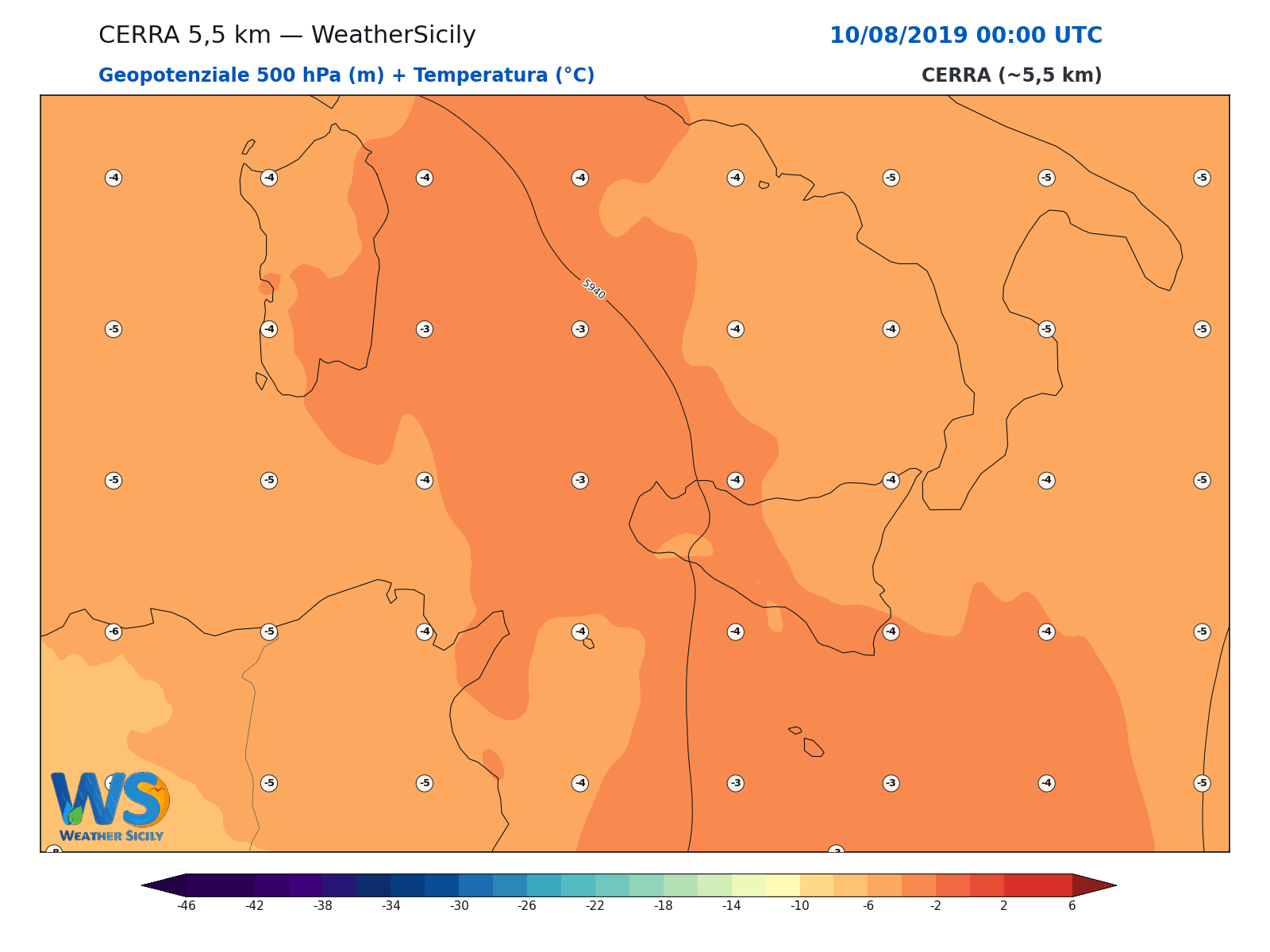 Geopotenziale 500 hPa + Temperatura · 2019081000