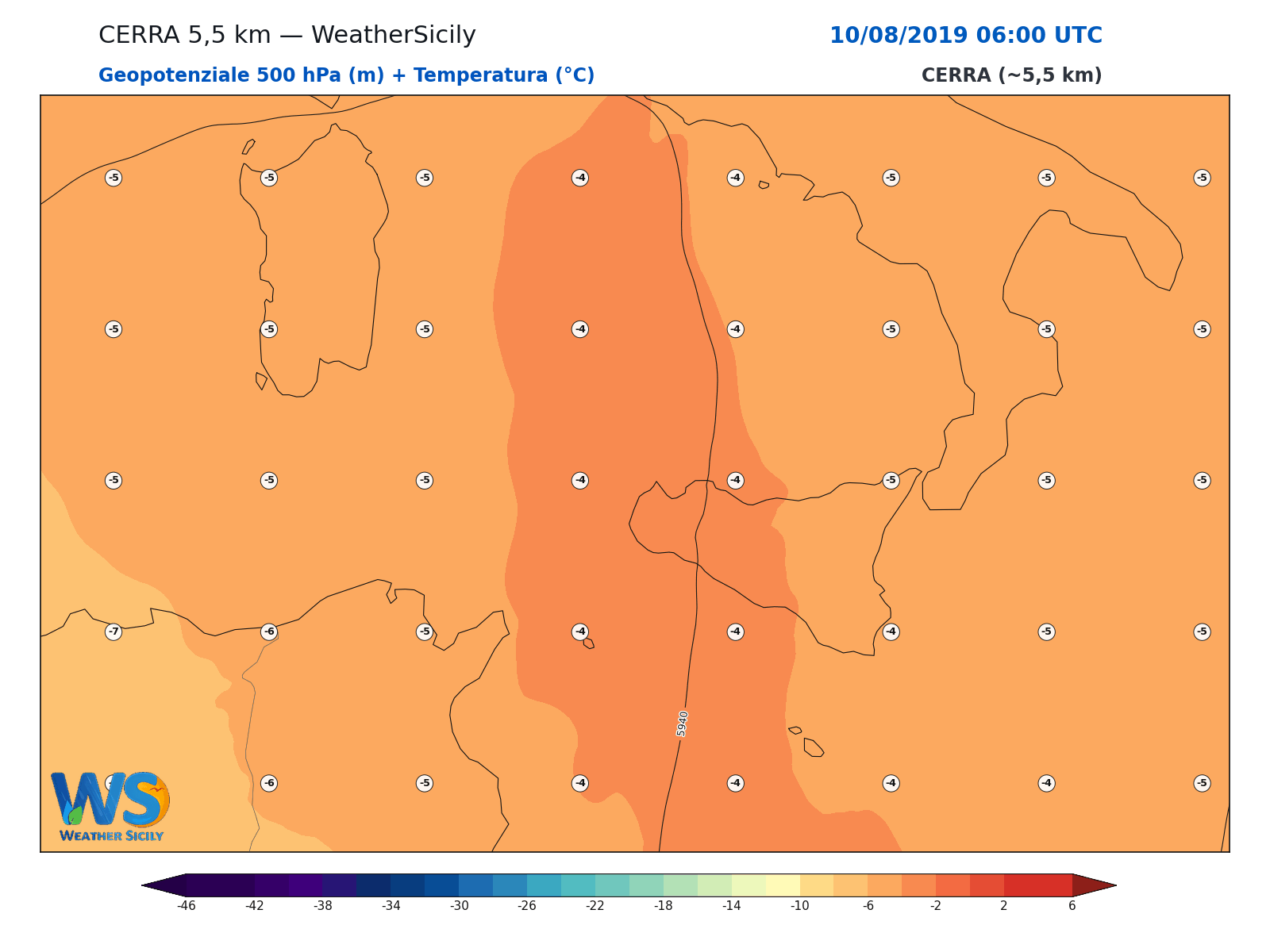 Geopotenziale 500 hPa + Temperatura · 2019081006