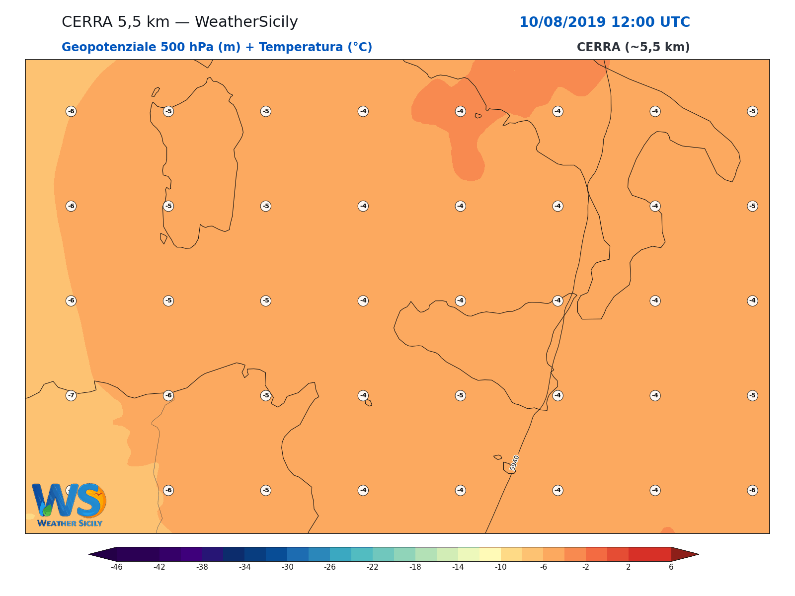 Geopotenziale 500 hPa + Temperatura · 2019081012