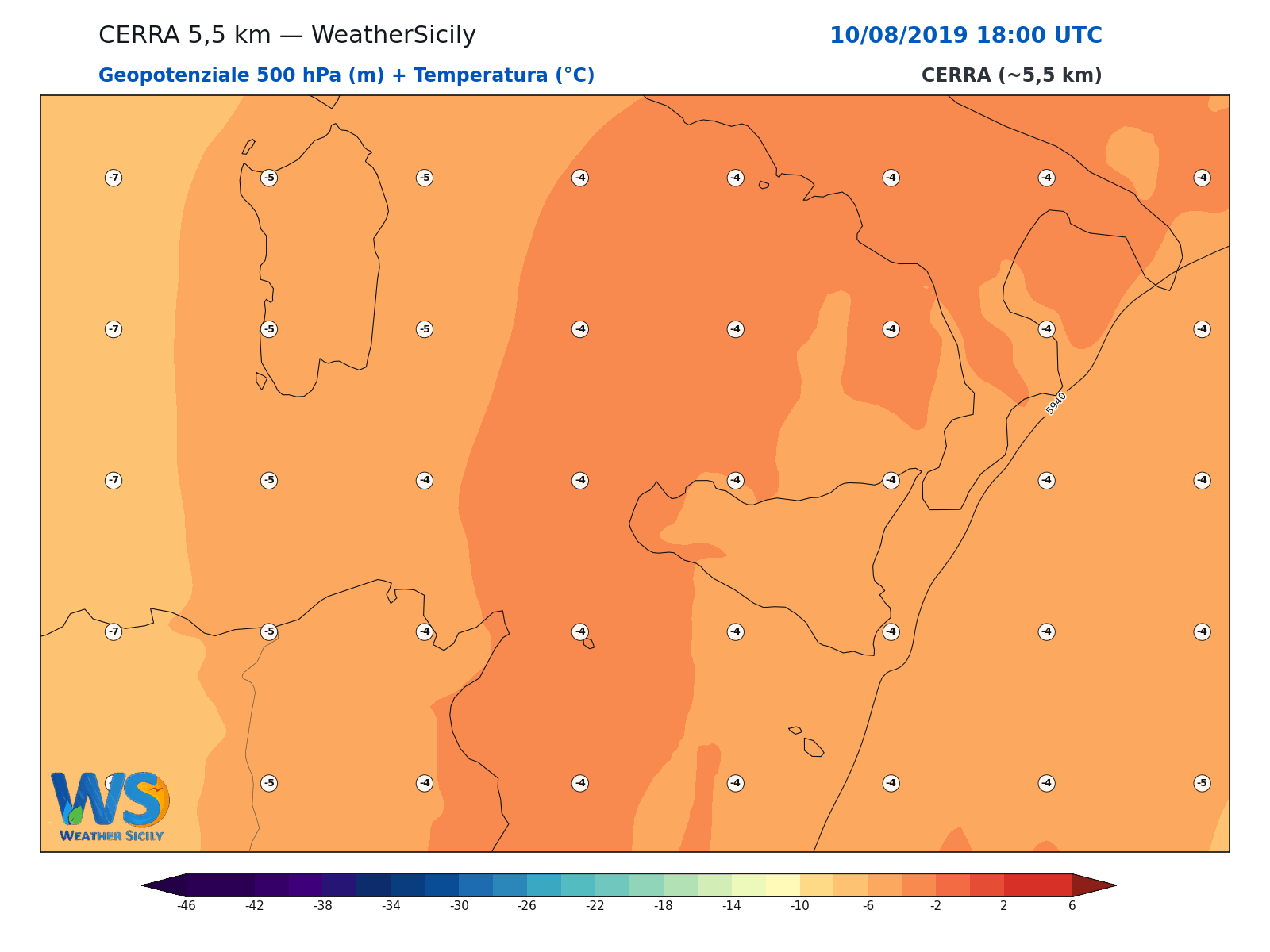 Geopotenziale 500 hPa + Temperatura · 2019081018