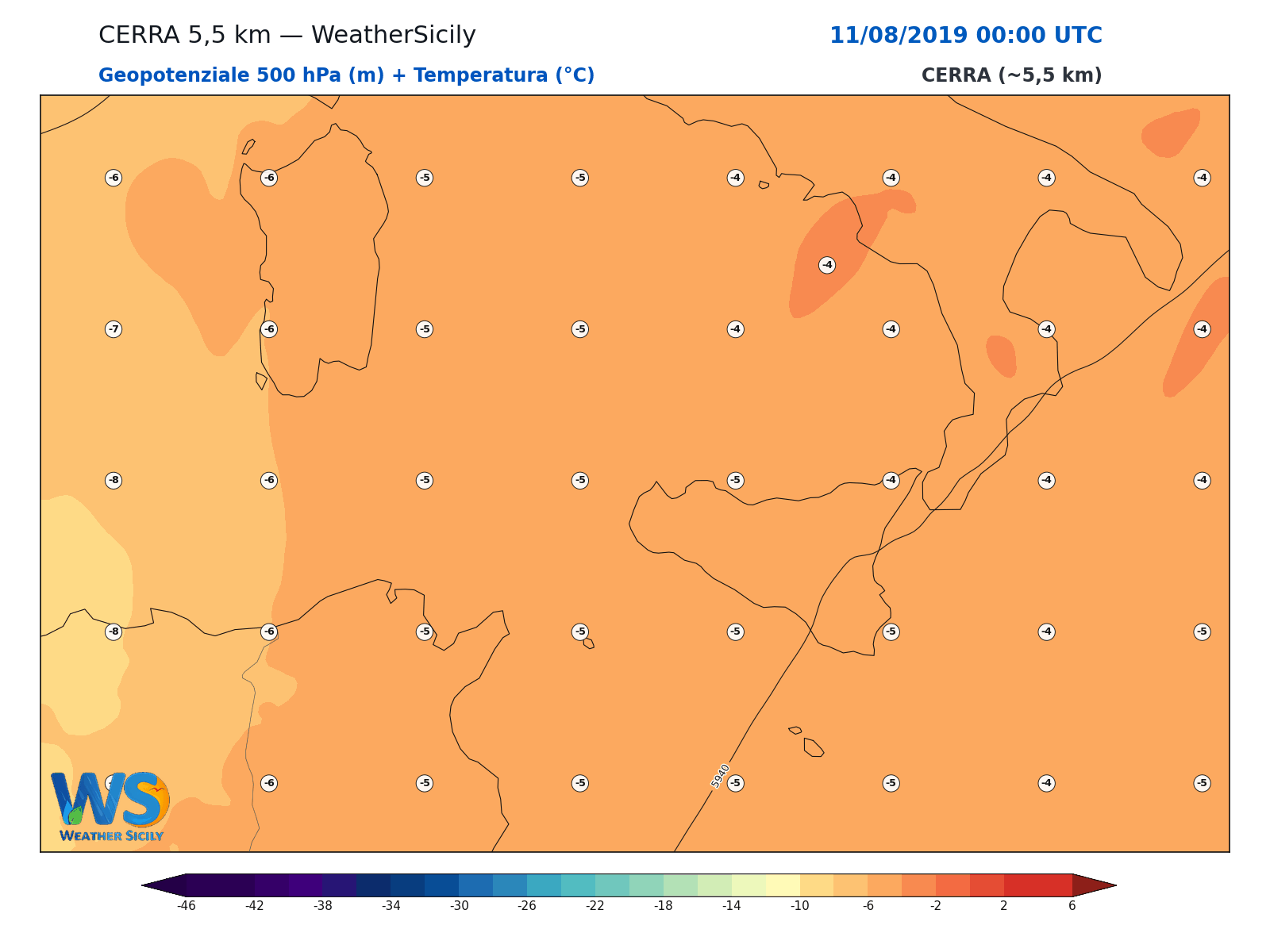Geopotenziale 500 hPa + Temperatura · 2019081100