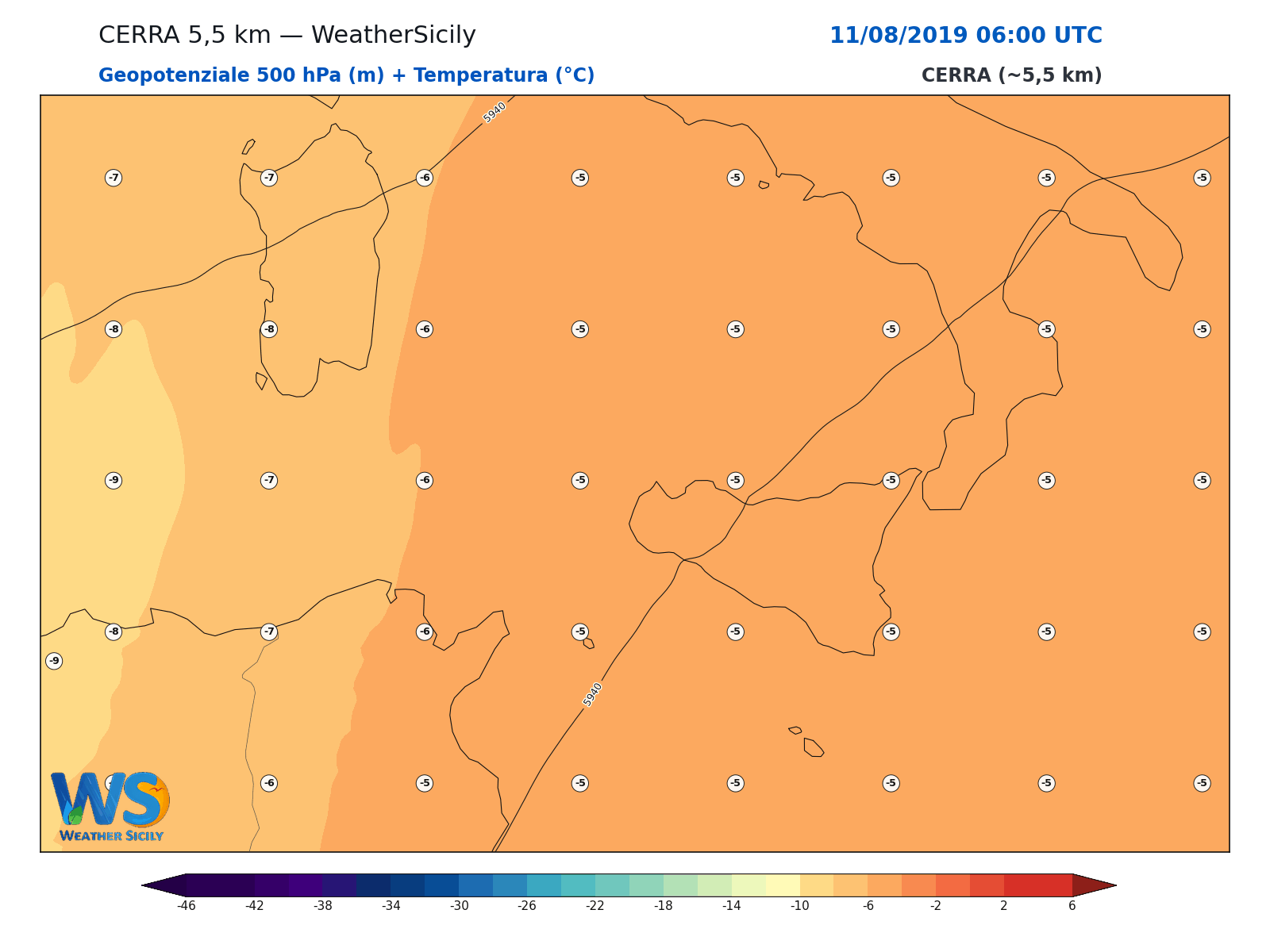 Geopotenziale 500 hPa + Temperatura · 2019081106