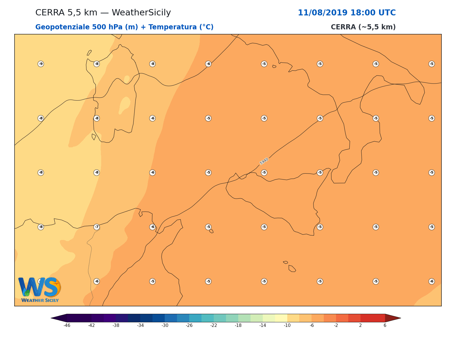 Geopotenziale 500 hPa + Temperatura · 2019081118