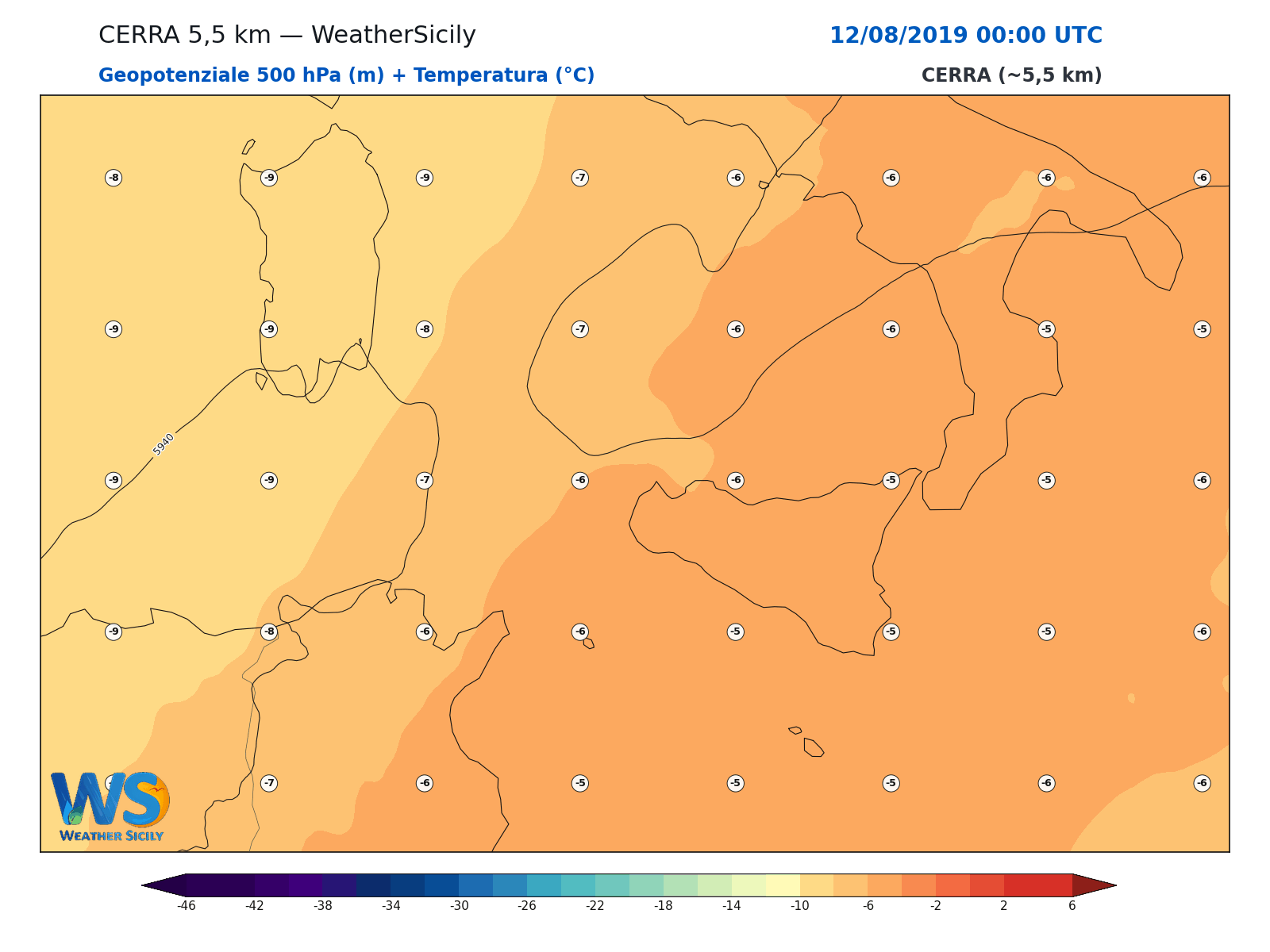 Geopotenziale 500 hPa + Temperatura · 2019081200
