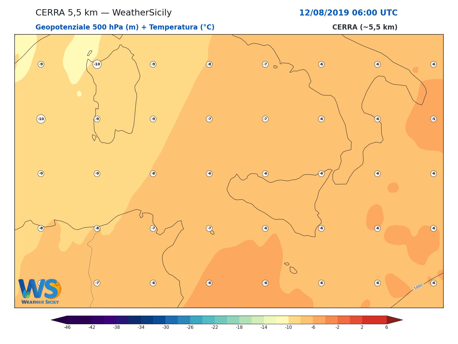Geopotenziale 500 hPa + Temperatura · 2019081206