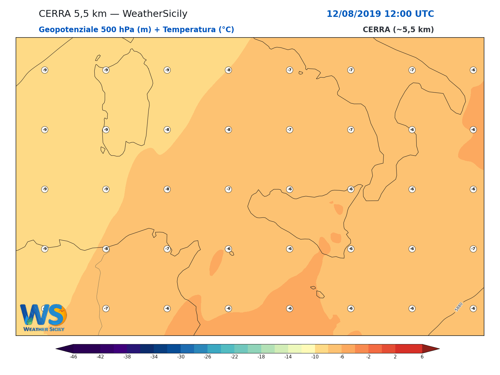 Geopotenziale 500 hPa + Temperatura · 2019081212