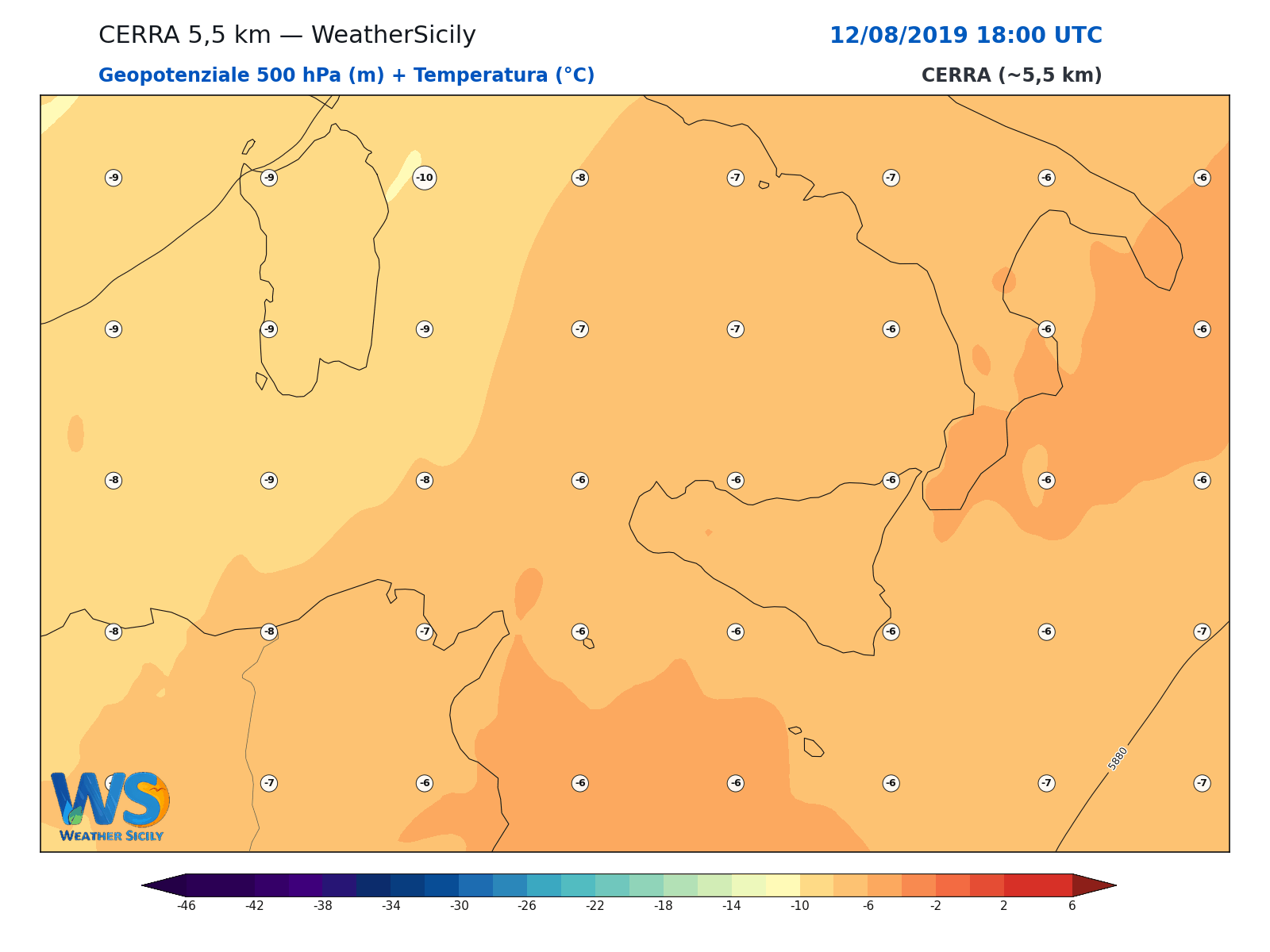 Geopotenziale 500 hPa + Temperatura · 2019081218